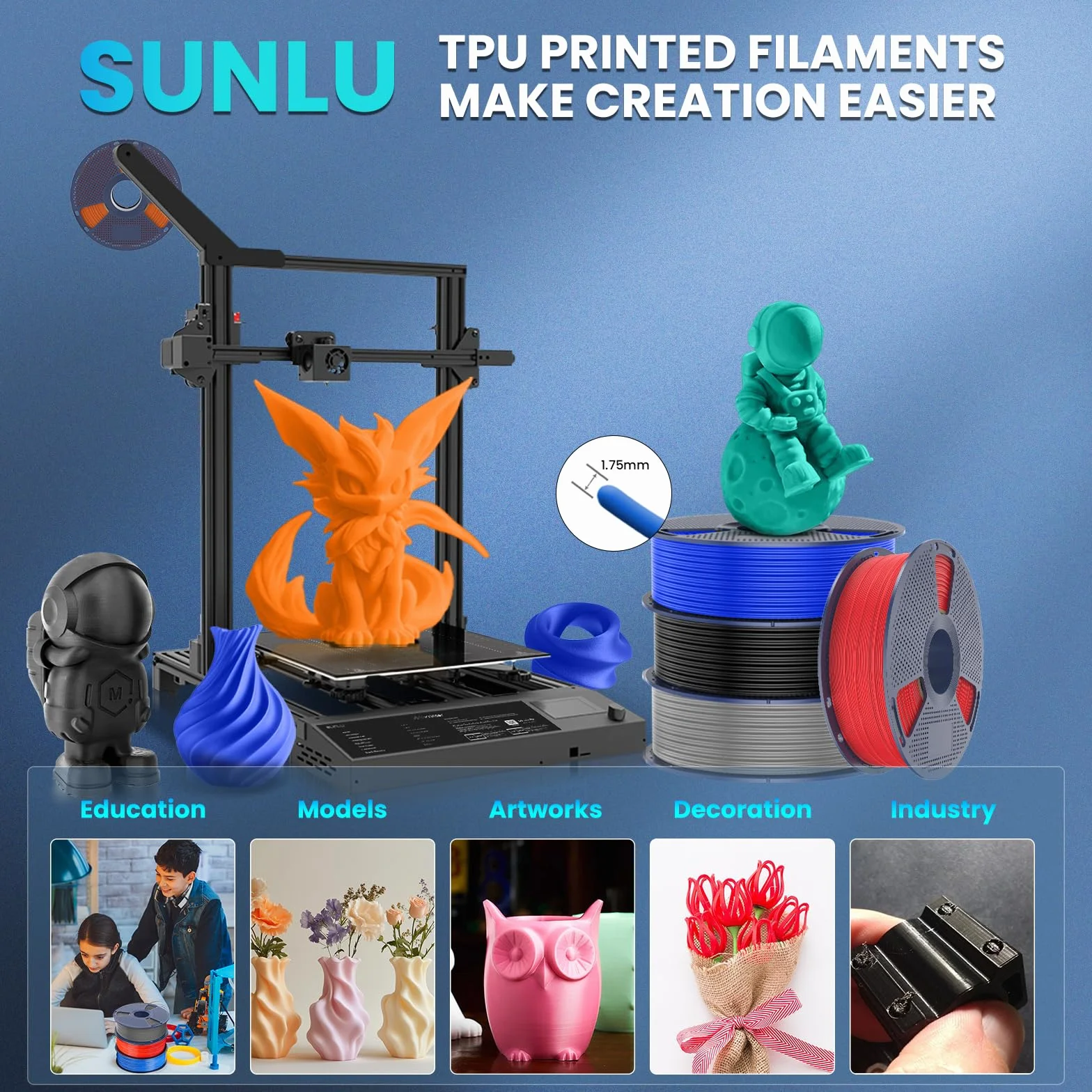SUNLU TPU 3D Printer Filament 1,75mm, Szybki filament TPU 95A, 1KG elastyczny filament 3D do szybkiego drukowania, dokładność wymiarowa +/- 0,03 mm. (Zielony).