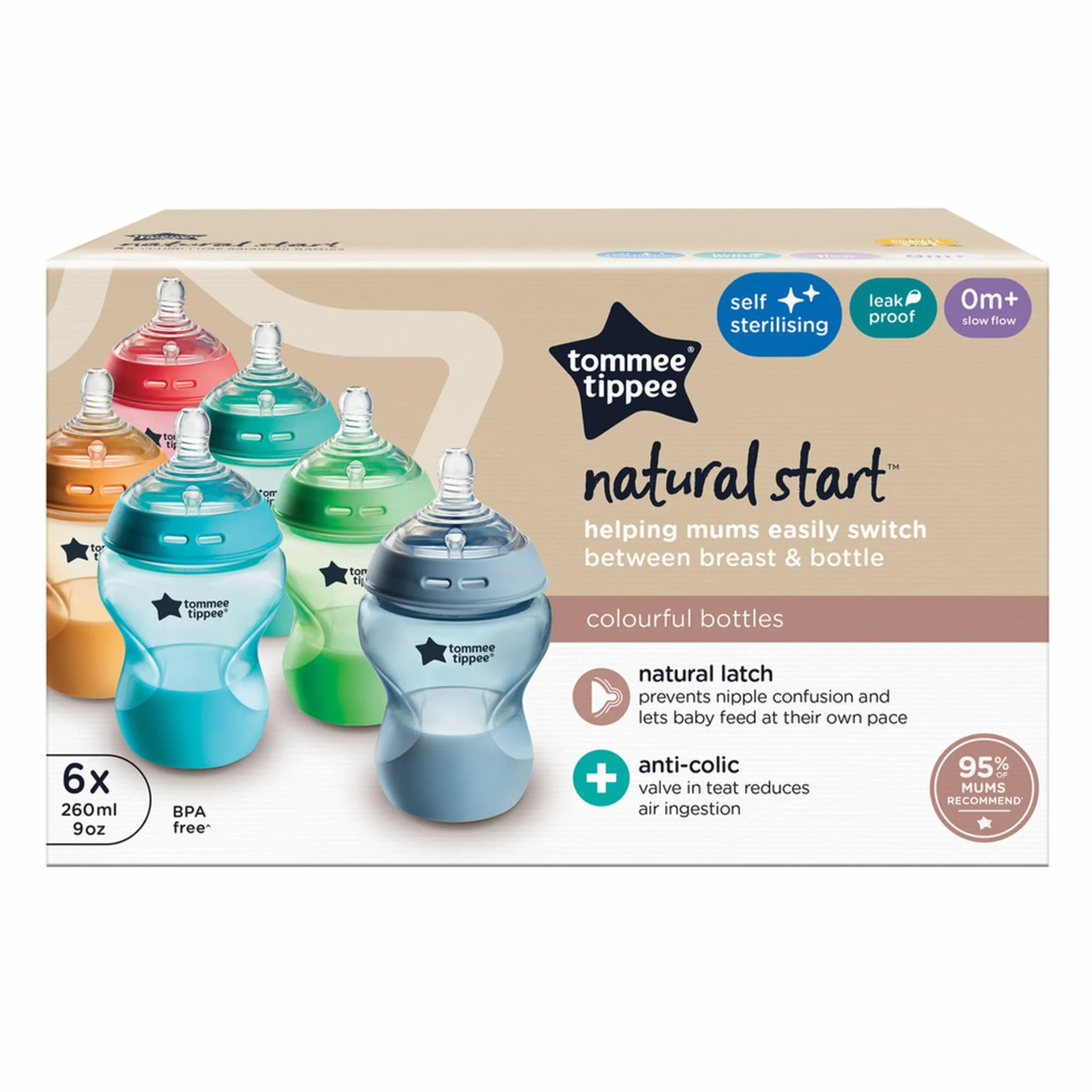 Tommee Tippee Closer to Nature butelki dla niemowląt, naturalnie ukształtowany smoczek z zaworem antykolkowym, 260 ml, zestaw 6 sztuk, Fiesta wielokolorowy