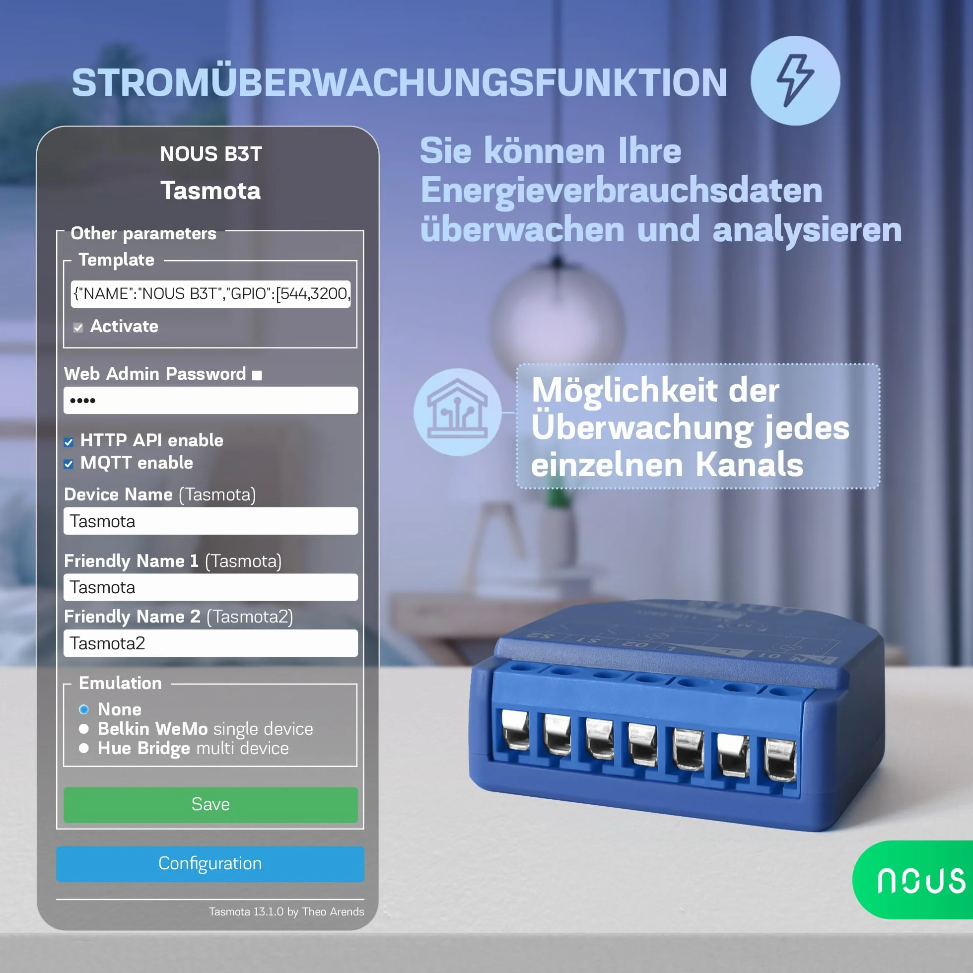 NOUS Moduł przełączający WiFi Tasmota, 16 A, 2 kanały z pomiarem mocy/moduł kurtyny 1 kanał, ESP32, czujnik temperatury, Matter & MQTT, suche styki, kompatybilny z Alexa, Home Assistant, Google Home,
