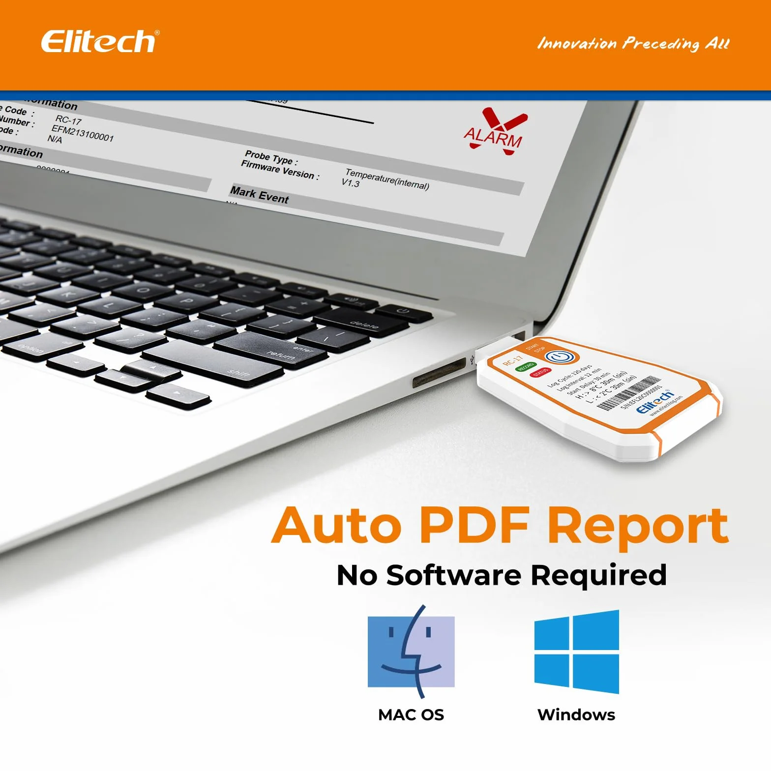 Elitech RC-17 Jednorazowy rejestrator temperatury USB 180 dni ciągłe nagrywanie 16000 rekordów w zakresie żywności leczniczej i łańcuchów chłodzących ze szczepionką, funkcja alarmu, ochrona IP67