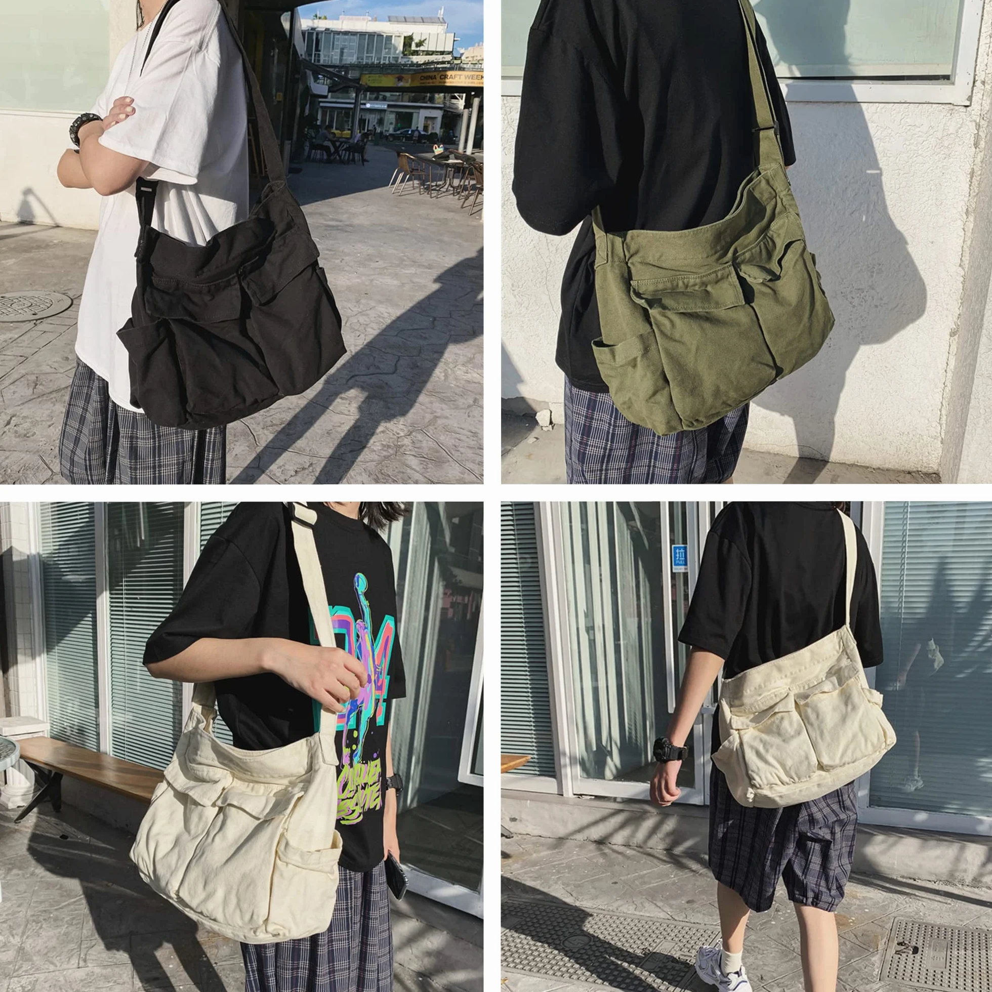HUALEENA płócienna torba crossbody dla kobiet, duże torby kurierskie, podróżna torba na ramię, wiele kieszeni, ZIELONY, Large