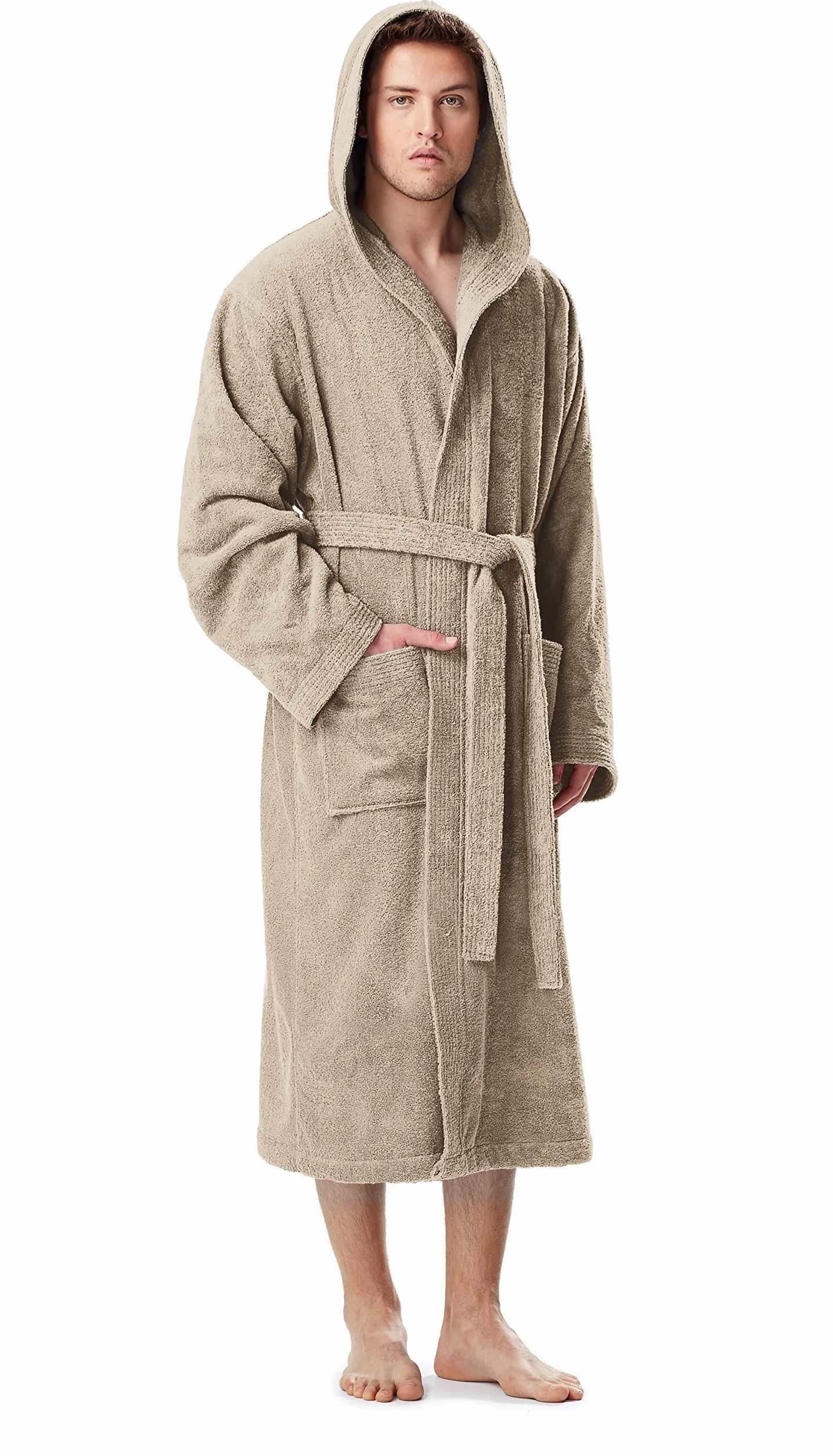 Męski szlafrok z kapturem, długość do łydek, Beżowy, XXL-3XL