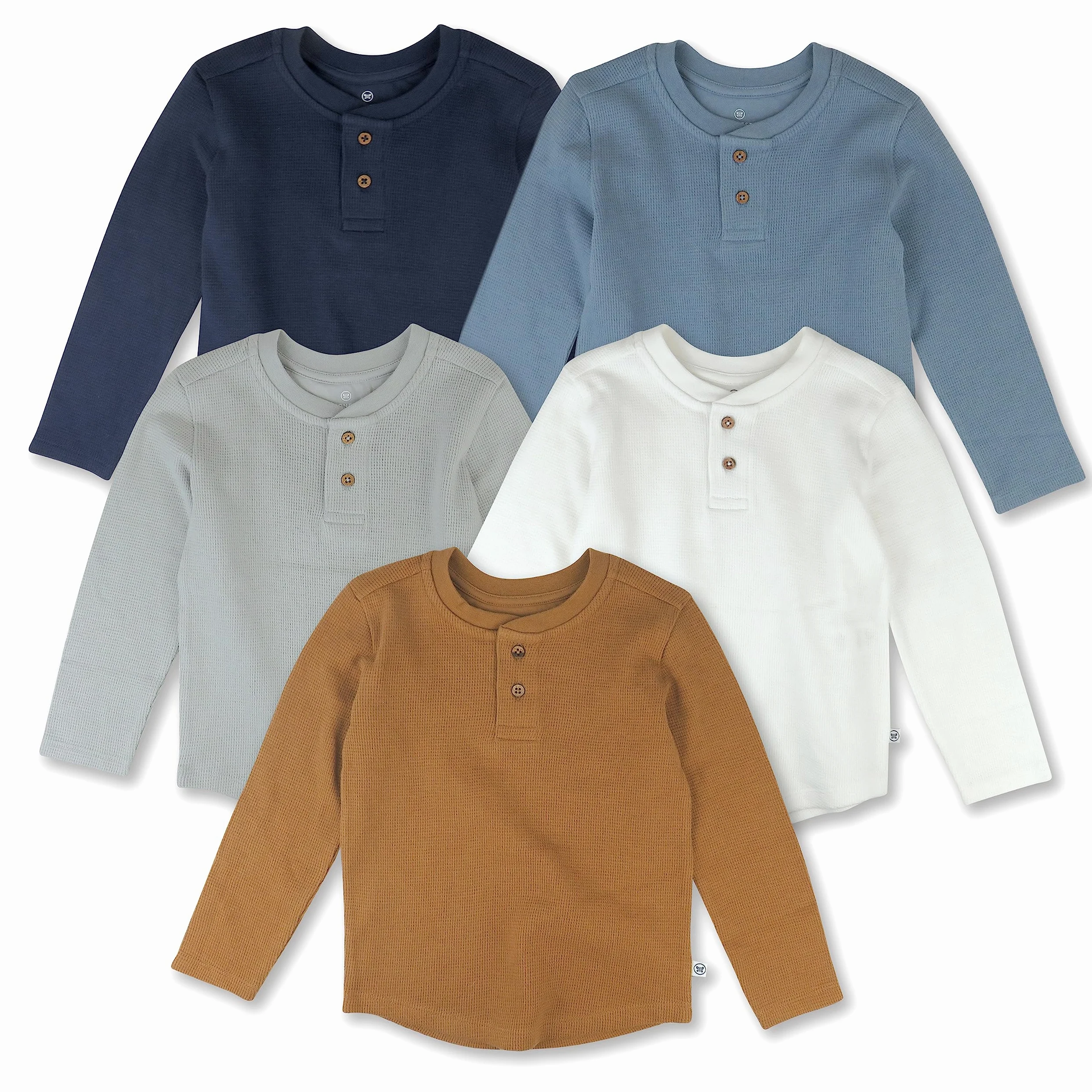 HonestBaby 5-pak waflowych koszulek Henley z długim rękawem, 100% organiczna bawełna dla niemowląt i chłopców, unisex koszulka z długim rękawem, bez kołnierza, dla 2 lat, dla niemowląt, Varsity, 2
