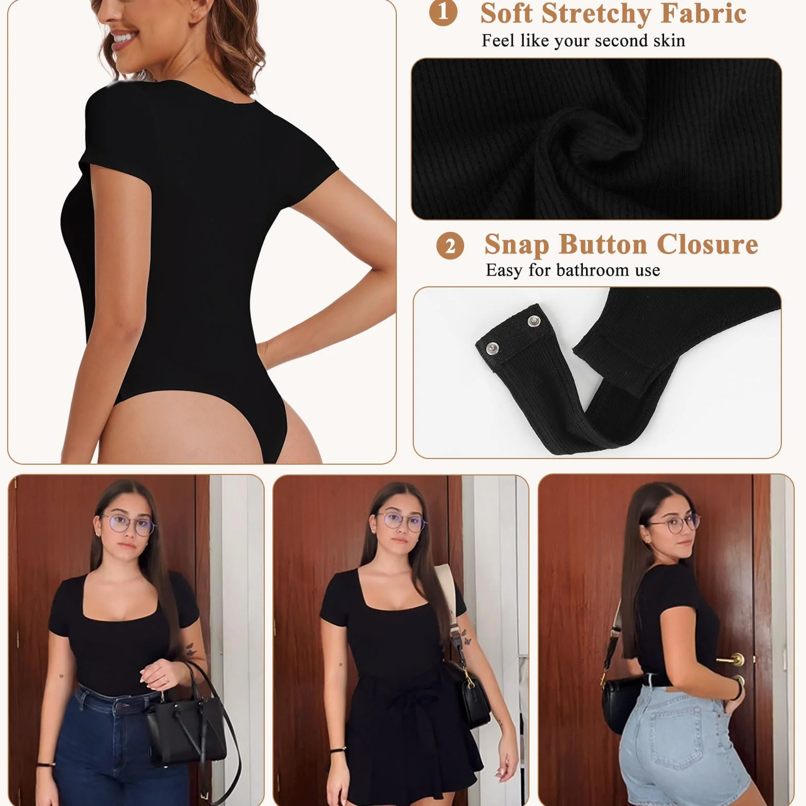 Joyshaper Body damskie body z krótkim rękawem, prostokątny dekolt, stringbody eleganckie, damskie body na lato, top