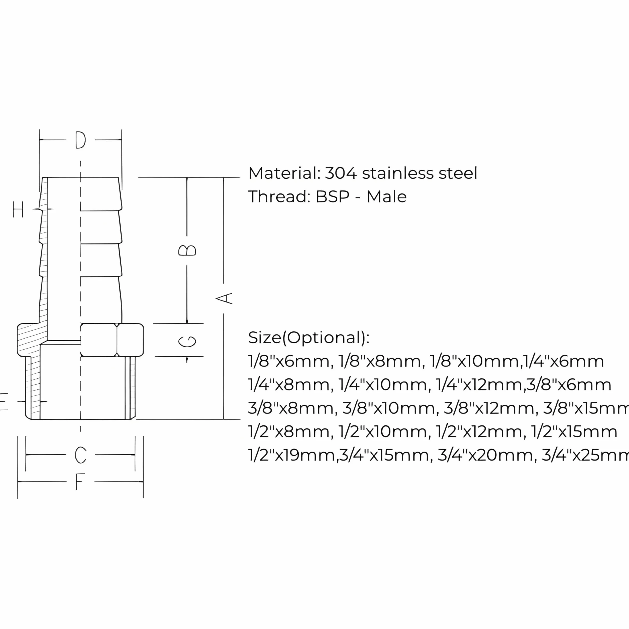 Złącze Barb ze stali nierdzewnej, zaczep węża, stal nierdzewna SS304 gwint męski łącznik rurowy Barb Hose Tail Connector BSP 1/20.3 cm~3/10.2 cm (1/8 * 6 mm)