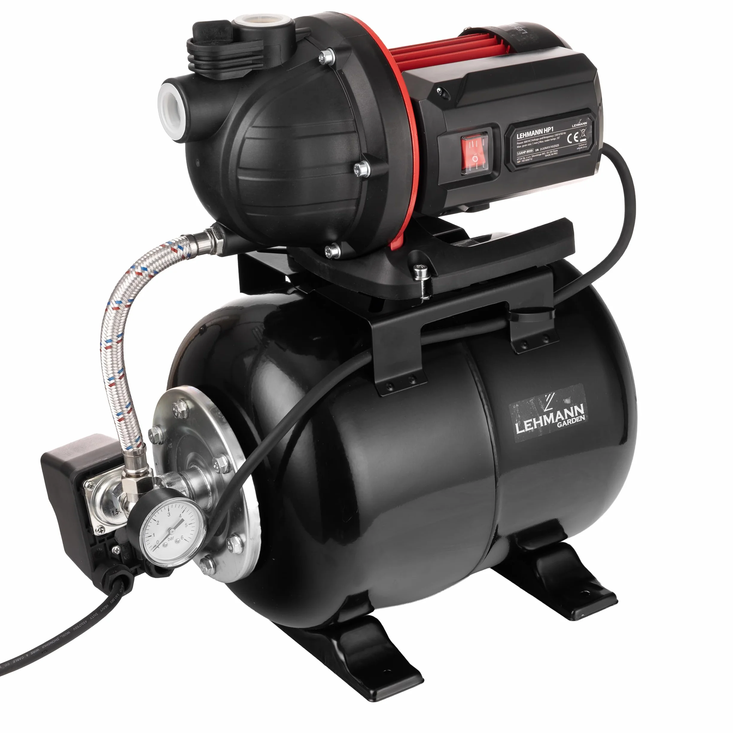 LEHMANN Hydrofor domowy HP1, 800 W, 5200 l/h, zbiornik ciśnieniowy ze stali nierdzewnej 19 l, wysokość tłoczenia 43 m, silnik bezobsługowy, samozasysający, zabezpieczenie przed pracą na sucho