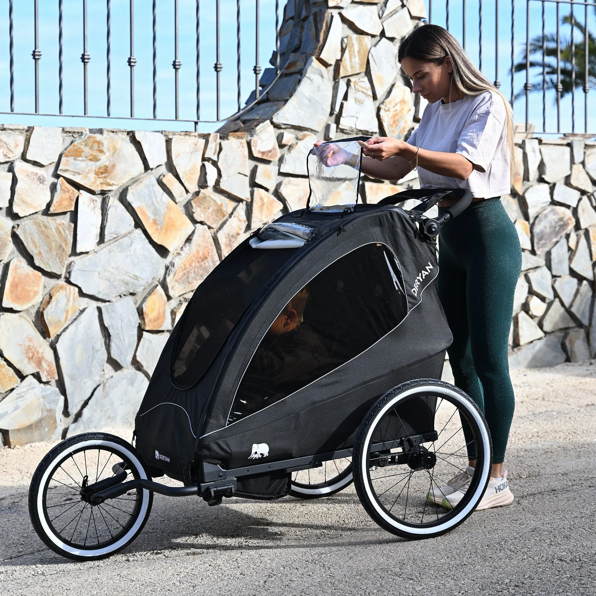Deryan Przyczepa rowerowa dla dzieci 3 w 1 i jogger dla 1 dziecka, wielofunkcyjny, składany, zawieszenie, regulowany drążek przesuwny, pasy bezpieczeństwa, odblaski, kolor czarny