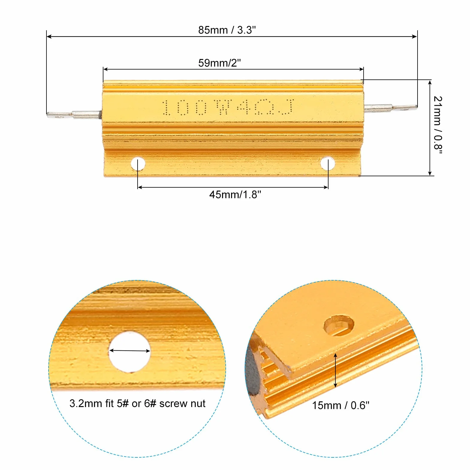 PATIKIL 100W 4 Omy Rezystor w Aluminiowej Obudowie, 4-pak Rezystorów Drutowych w Aluminiowej Obudowie z Gwintowanymi Zaciskami, Rezystor Mocy 5% Tolerancji, Złoty