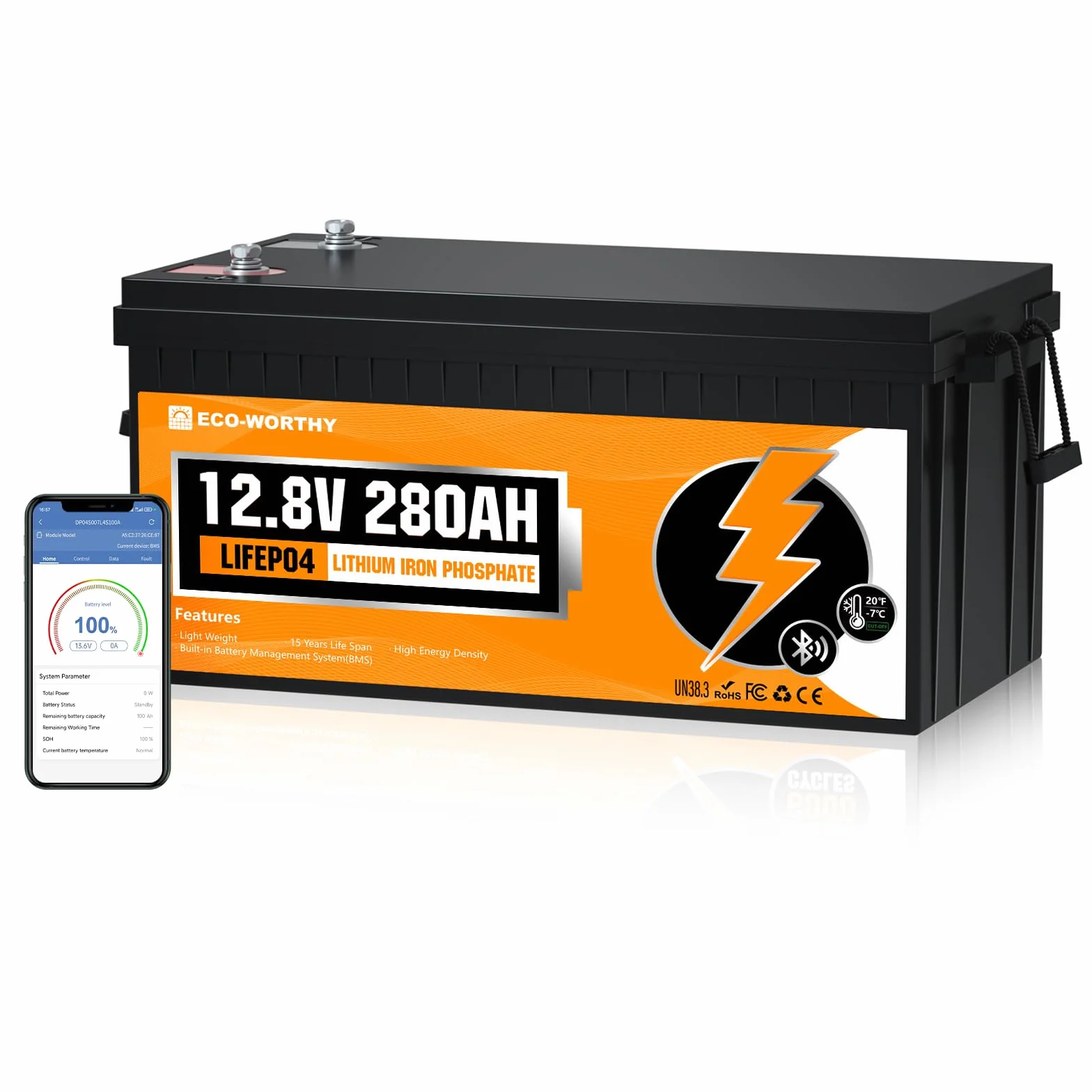 ECO-WORTHY LiFePO4 280 Ah Bluetooth, akumulator litowy 12 V 280 Ah z ochroną przed niską temperaturą BMS i maks. 15000 cykli, akumulator samochodowy 3584 Wh do kampera, łodzi, panelu słonecznego