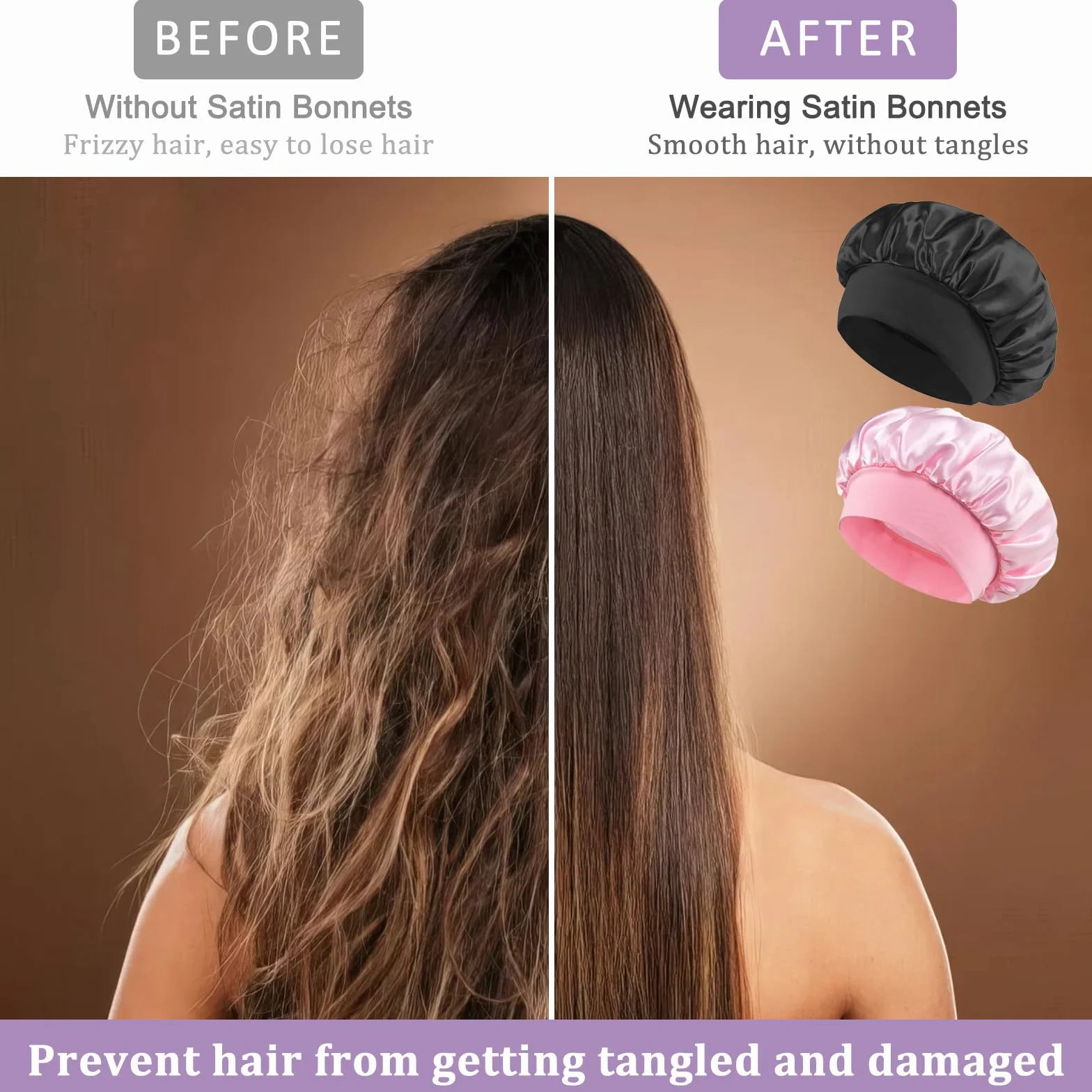 Loomify Jedwabna czapka, satynowa czapka nocna, 2 szt. Satynowa czapka do spania z 2 szt. Scrunchies dla kobiet i dziewcząt