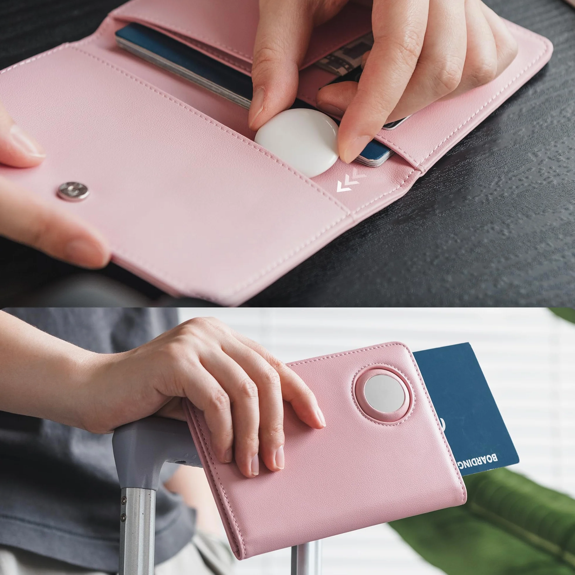 VULKIT Skórzane etui na paszport z uchwytem na AirTag i blokadą RFID
