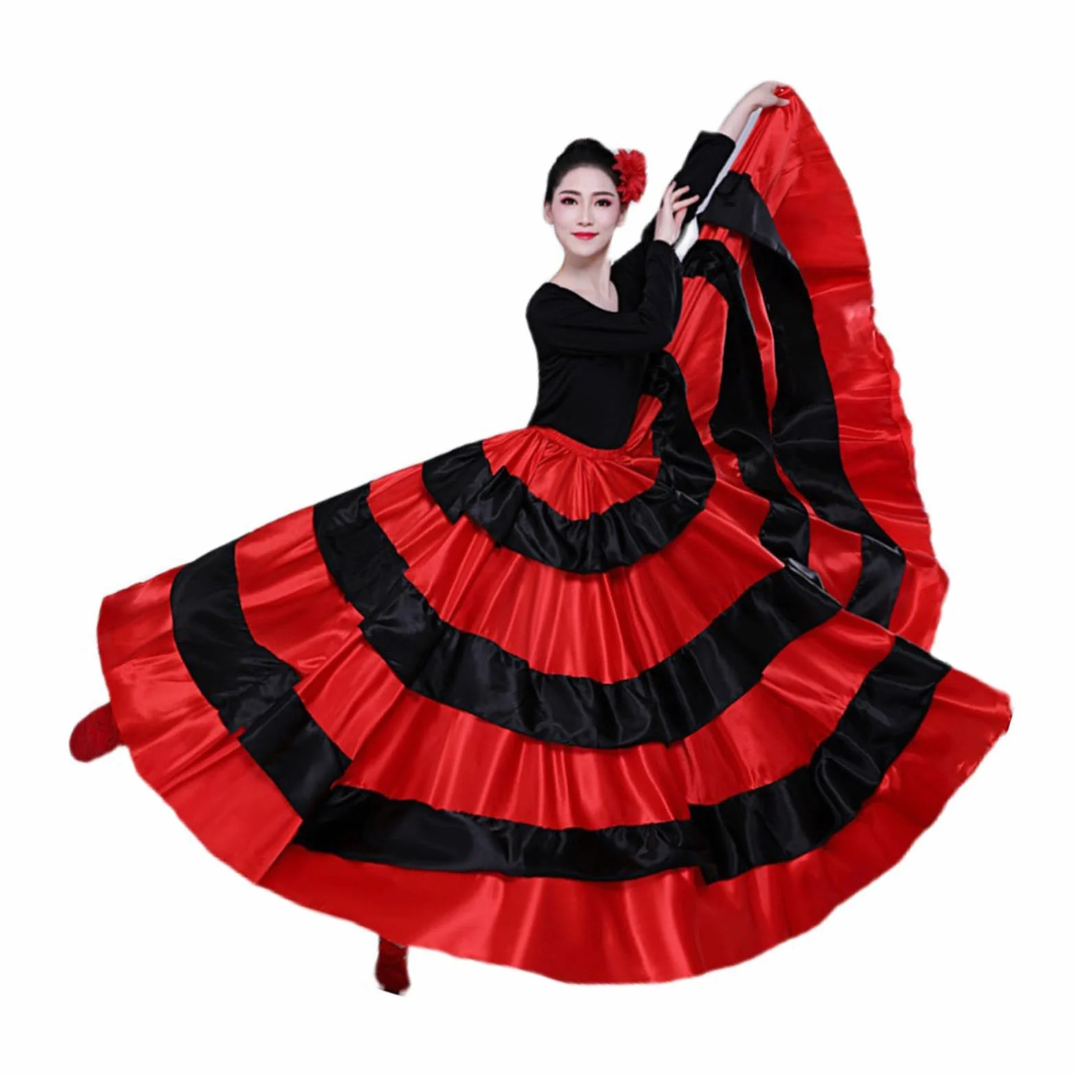 Damska czarna czerwona warstwowa długa spódnica do hiszpańskiego flamenco Meksyk Balet Folklorico spódnica do tańca brzucha długa spódnica flamenco hiszpański taniec duża huśtawka kostium na Halloween