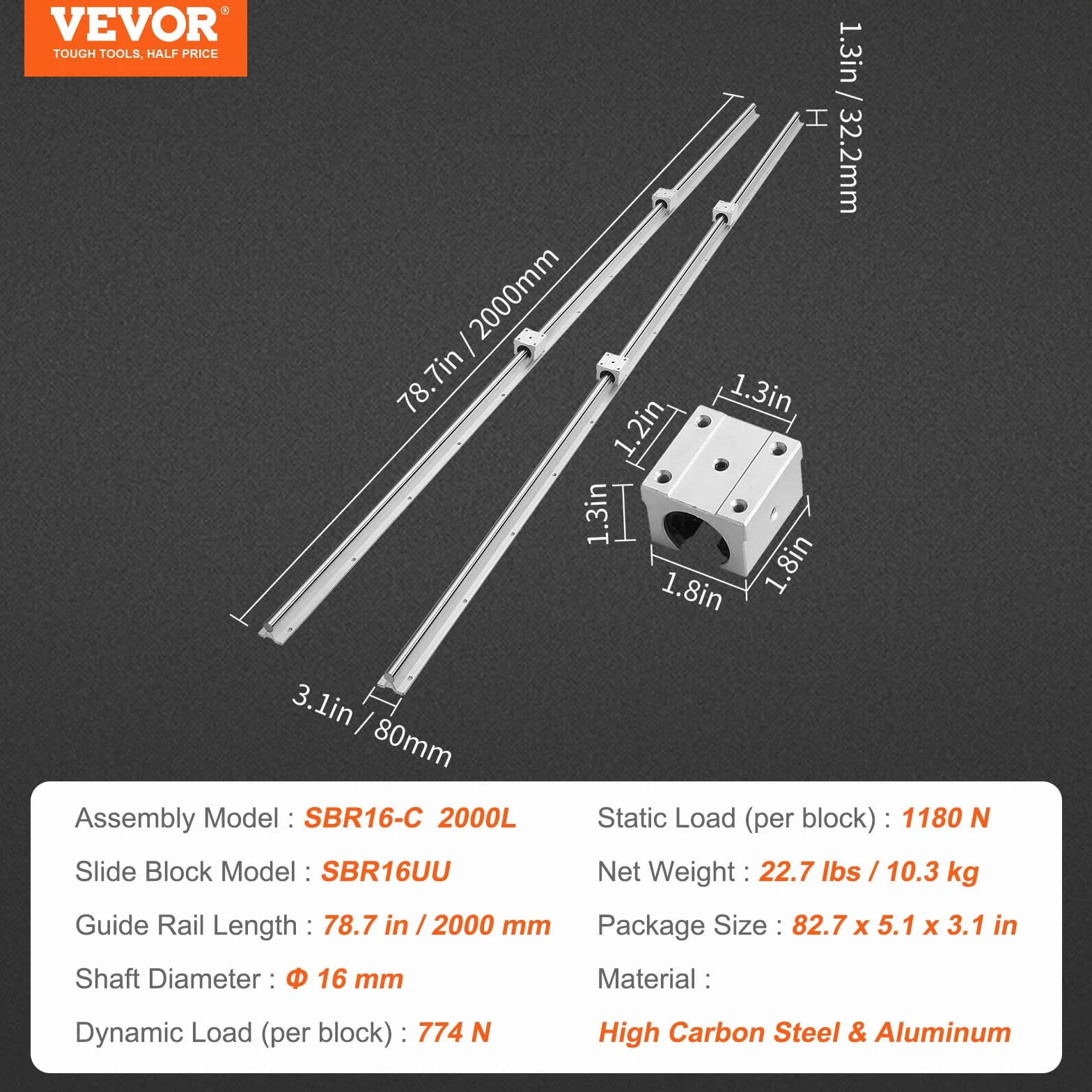 VEVOR Zestaw prowadnic liniowych SBR16 2000 mm, 2 sztuki prowadnic SBR16 i 4 bloki ślizgowe SBR16UU, szyny liniowe i zestaw łożysk do automatycznych maszyn, projekcja DIY