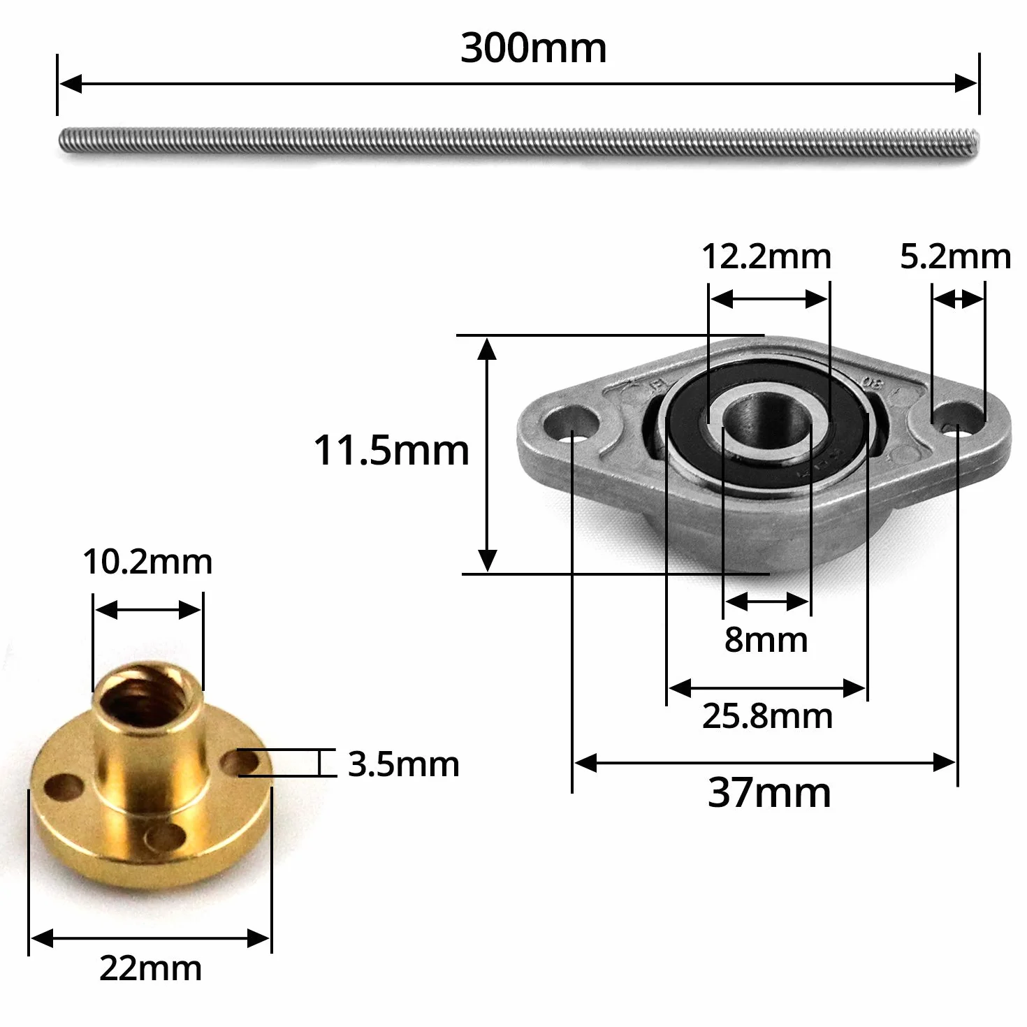 Zestawy QWORK 2 300mm 8mm T8 pręt gwintowany śruba pociągowa do drukarki 3D, śruba pociągowa, nakrętka miedziana, sprzęgło, łożysko kulkowe z poduszką, klucz sześciokątny