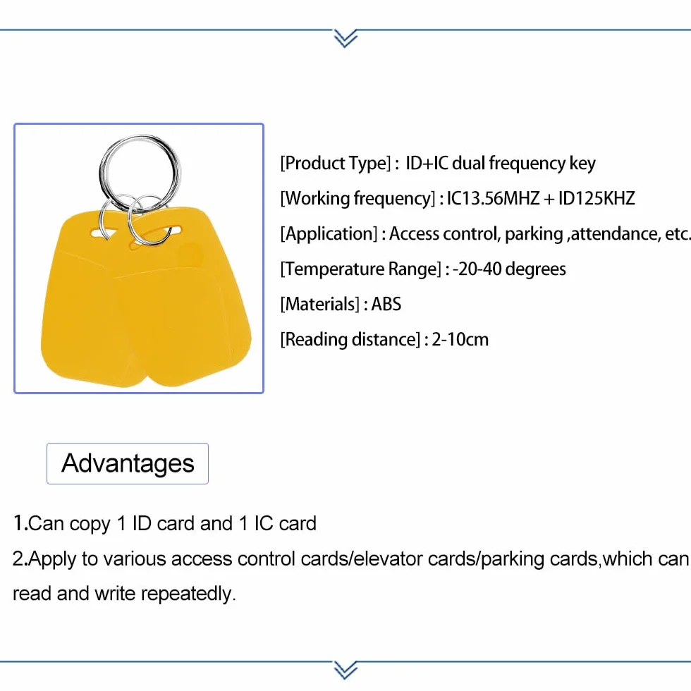10 szt. Dual Frequency RFID brelok 125 khz i 13,56 MHz wielofunkcyjny kompozytowy brelok UID wielokrotnego użytku używany do kopiowania/klonowania klucza/kart (żółty)