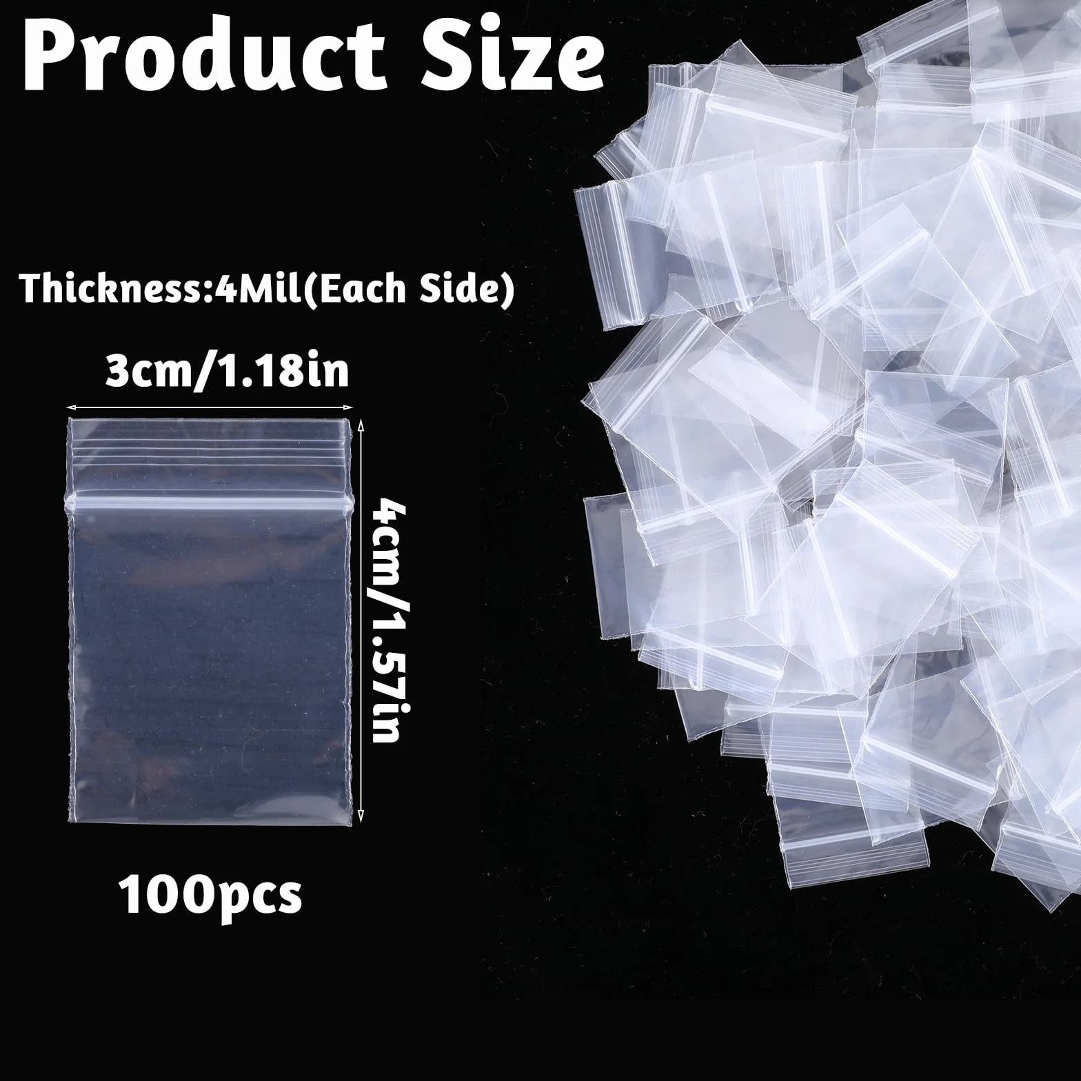 Prasacco 100 sztuk małych, przezroczystych torebek foliowych, torebka, zamykające się strunowym zamkiem, wielokrotnego użytku, 4 x 3 cm