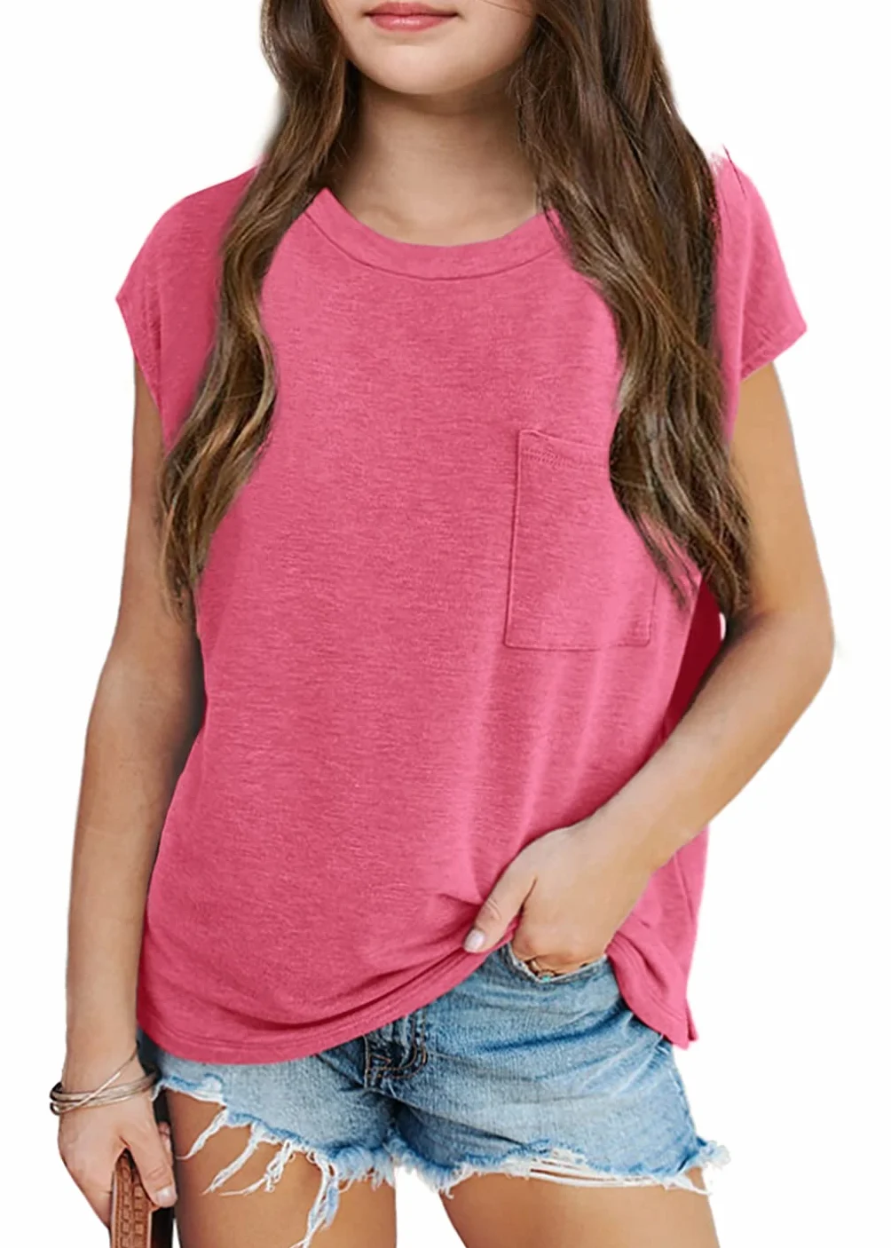 Haloumoning Dziewczęce T-shirty, okrągły dekolt, krótki rękaw, czapka, top, lekki, jednokolorowy, z kieszenią na piersi, na lato, top 7-14 lat