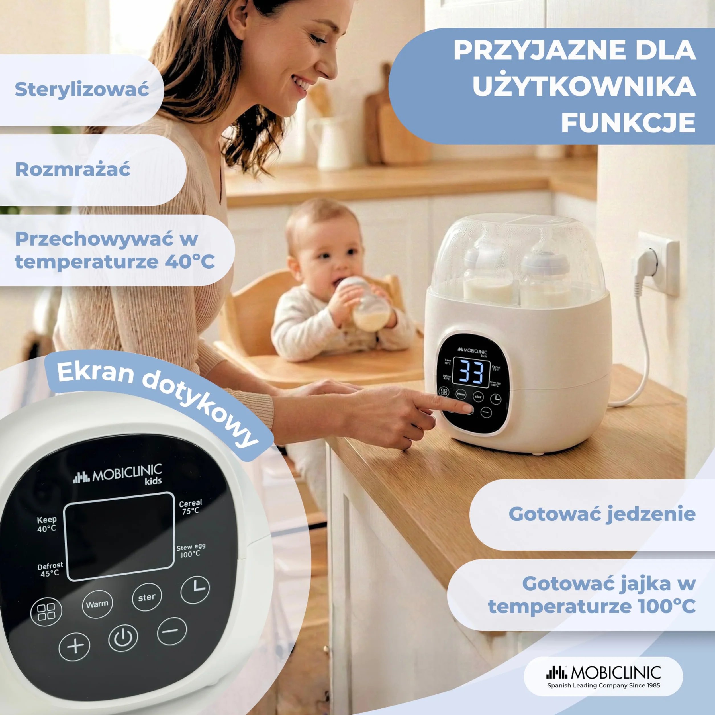 Mobiclinic®, Podgrzewacz i Sterylizator do Butelek, 6 w 1, Podwójna Pojemność, Rozmrażanie, Programowalny, Utrzymuje Temperaturę, Szybkie Nagrzewanie, Ekran LCD, Kompaktowy, Przenośny, Bibidu