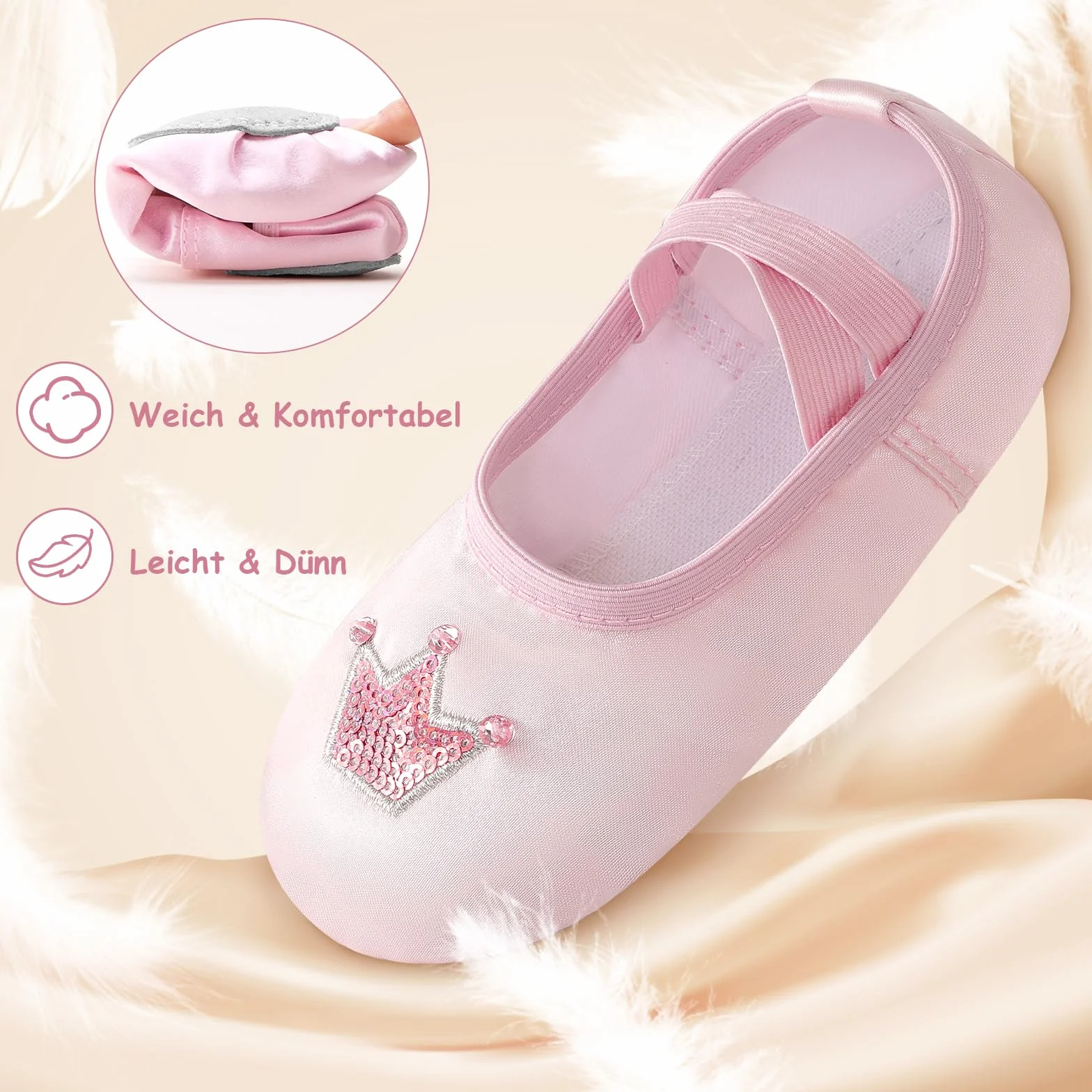 Buty baletowe dla dziewcząt, satynowe klapki baletowe z błyszczącą koroną, dzielona podeszwa, buty do tańca, buty baletowe dla dzieci, bez krawata, baleriny