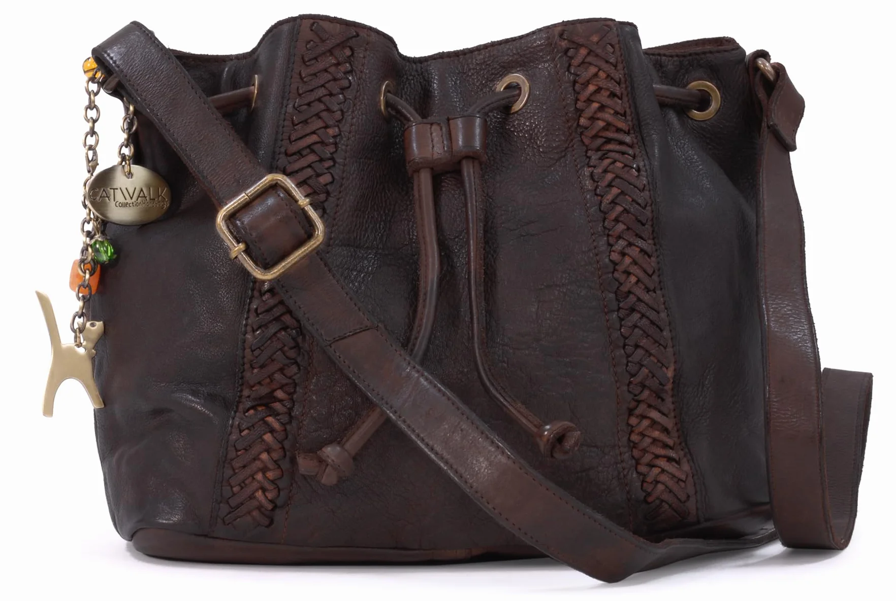 Catwalk Collection Francesca Damska Torebka Crossbody Średnia Torba Typu Worek ze Ściągaczem Postarzana Skóra Vintage