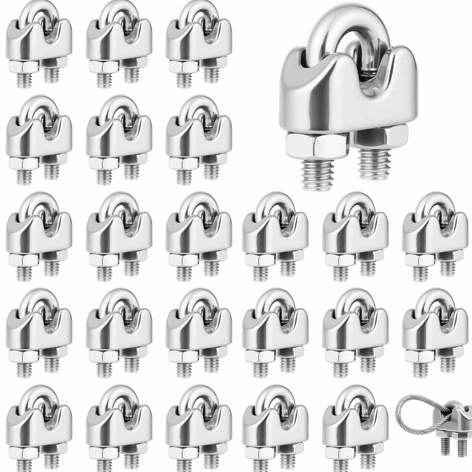 Flintronic Zacisk do liny drucianej 4 mm, 24 sztuki M4 U zaciski linowe, 4 mm 304 zaciski pałąkowe ze stali nierdzewnej, łącznik do liny stalowej, linka druciana, linka leśna, markiza