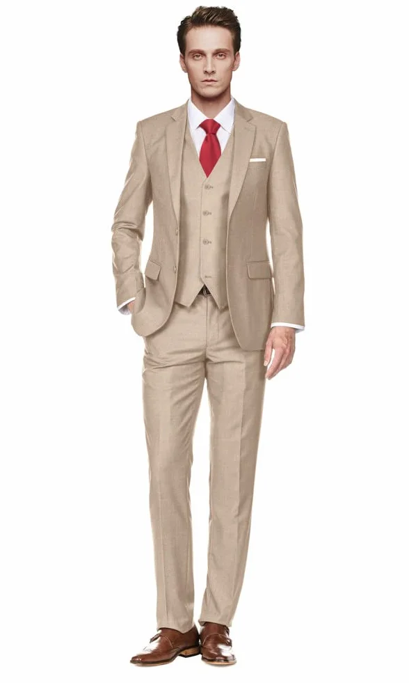 Men's Suit Slim Fit, 3 Piece Champagne Suits for Men, Solid Jacket Vest Pants with Tie, Prom Homecoming Wedding Tuxedo Set M