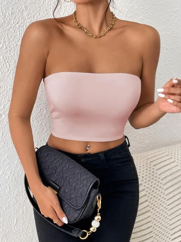 Tube Top Damski T-shirt bez ramiączek Lato Bandeau Slim Fit Bez rękawów Crop Topy z elastycznym paskiem Podwójna warstwa Bluzka Podstawowa tuba Y2K Koszula Sexy Bez wyściółki Stroje