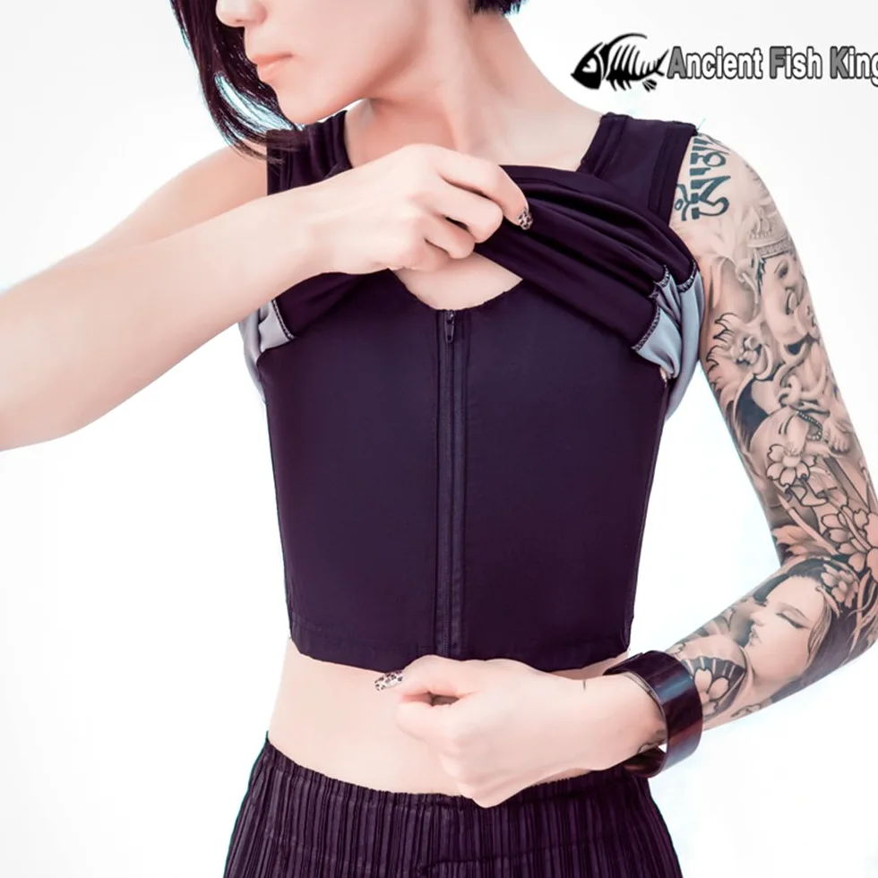 BaronHong Zestaw top + spodnie do pływania dla kobiet, lesbijek, tomboyów, binder, szybkoschnąca moda kąpielowa, suwak