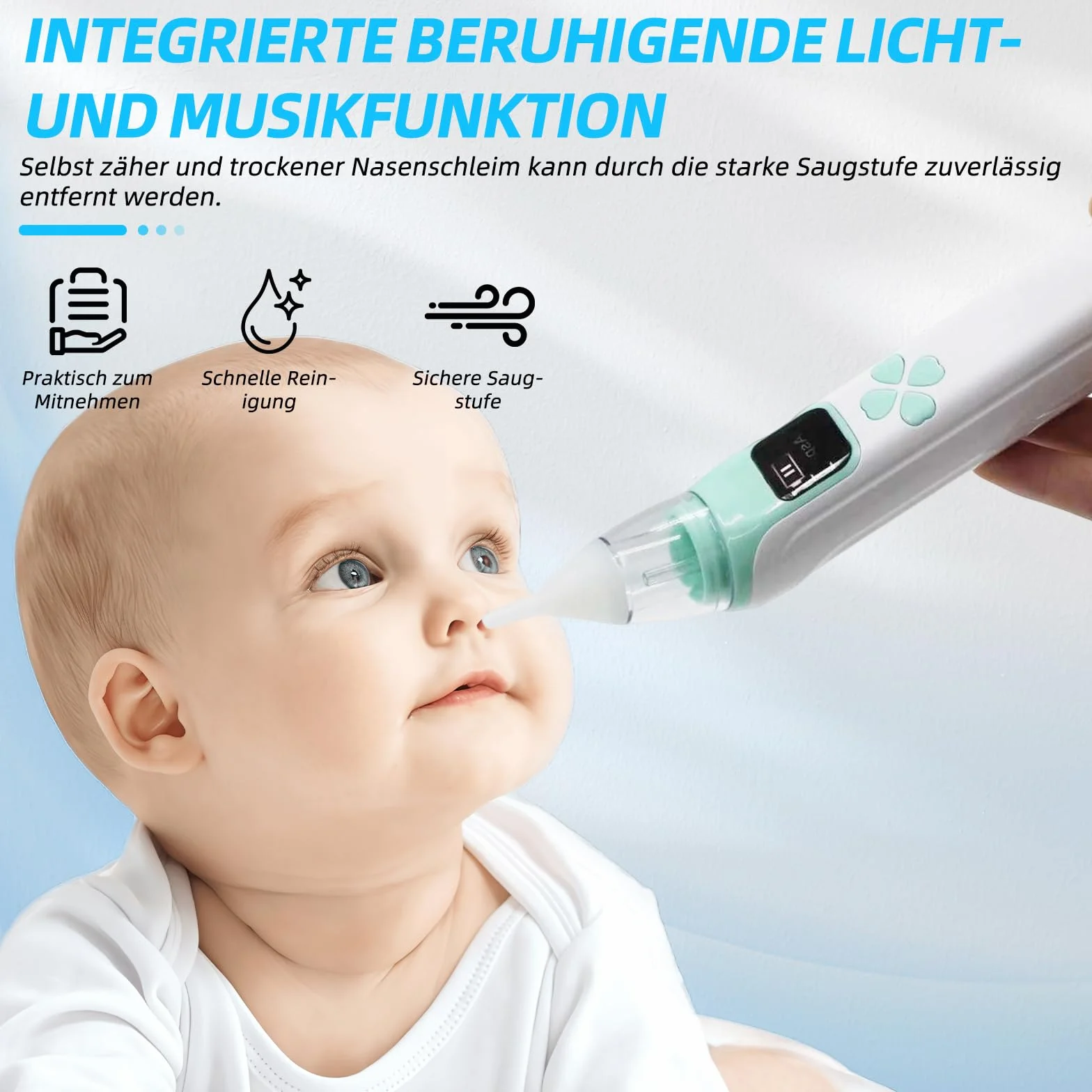 Elektryczny aspirator do nosa dla niemowląt, 3 poziomy ssania, z 4 silikonowymi głowicami, muzyka i światełka, odpowiedni dla noworodków, małych dzieci, niemowląt
