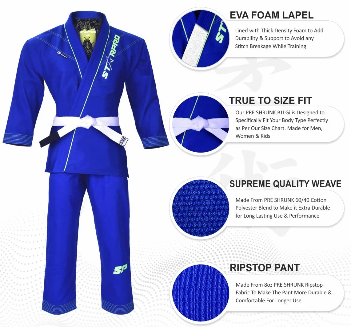 Starpro Ronin BJJ Gi 355 g - mieszanka bawełny Power - biały i czarny - Preshrunk Professional Martial Arts kimono do treningu i zawodów - dla mężczyzn i kobiet, niebieski, A5