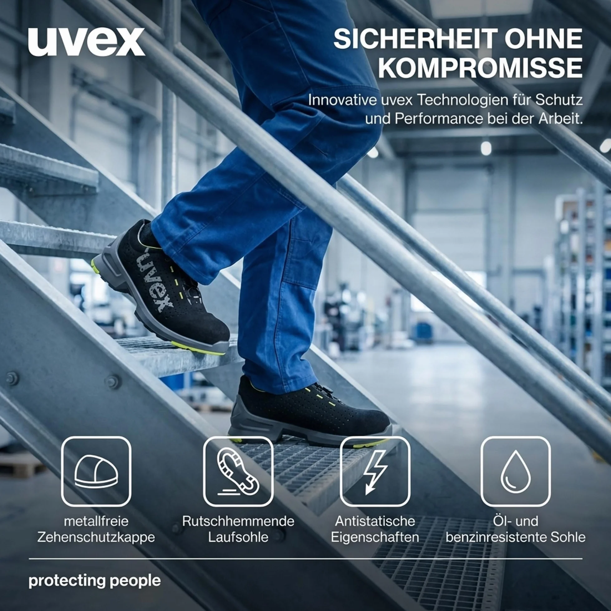 uvex 1 perforowane półbuty, buty ochronne S1 SRC, buty robocze dla kobiet i mężczyzn, czarne/limonkowe