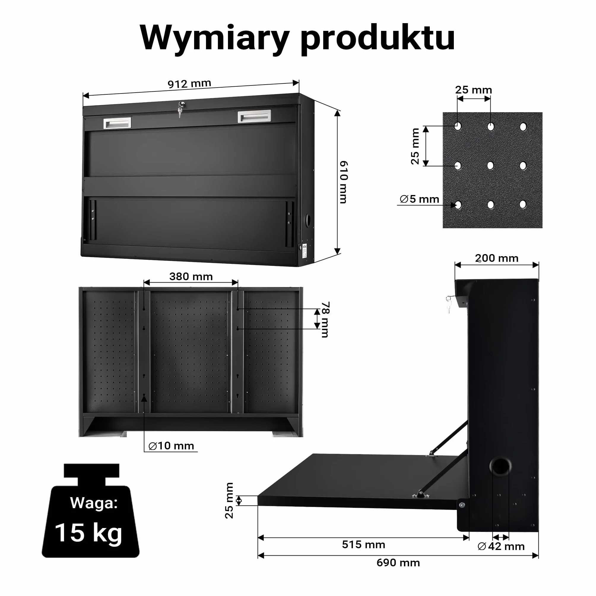 Wiltec Składany stół warsztatowy do 50 kg nośności z blatem 905 x 515 mm, wisząca szafka na ścianie z tablicą warsztatową na narzędzia