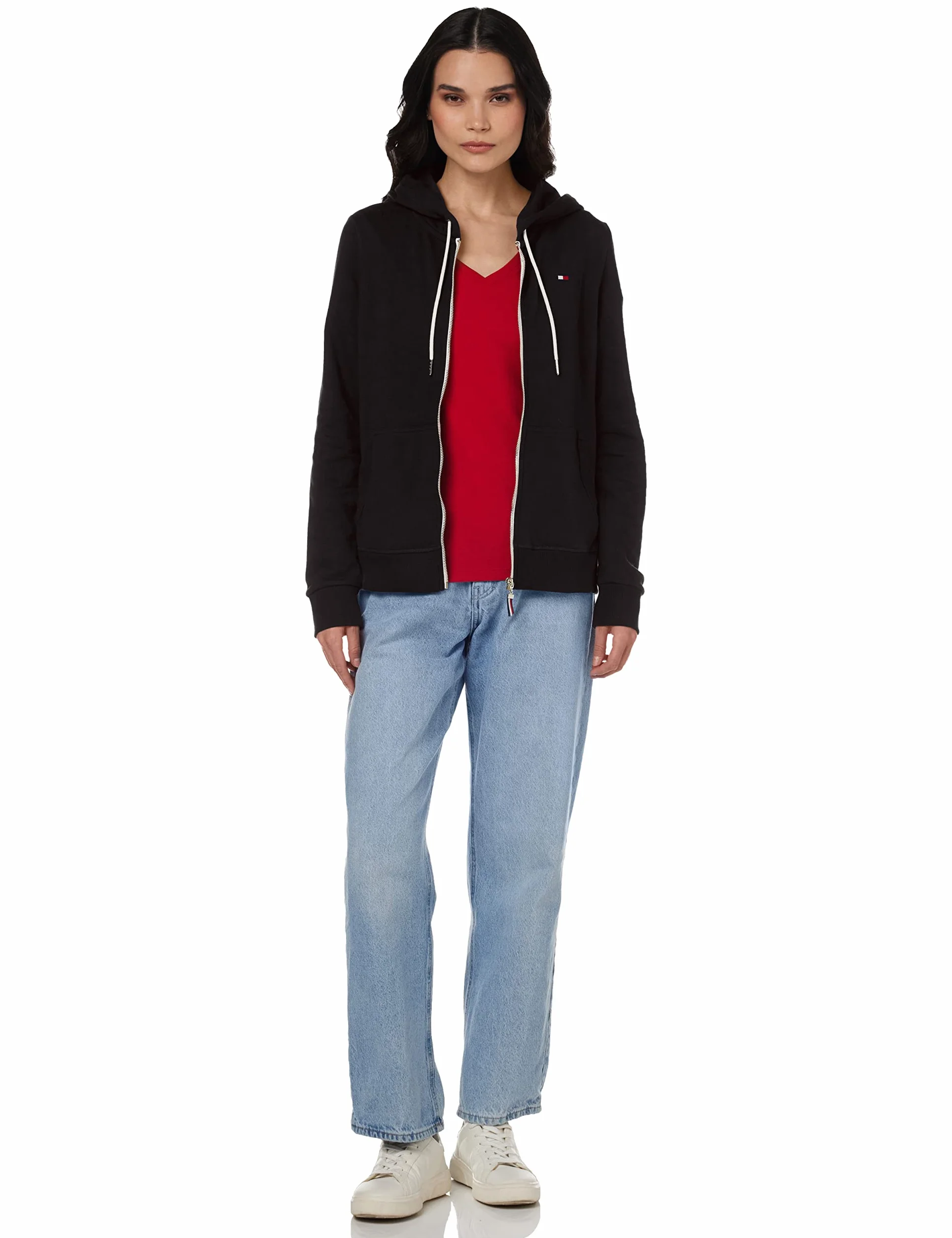 Tommy Hilfiger Damska bluza z kapturem z kontrastowym zamkiem, Czarny, XXL