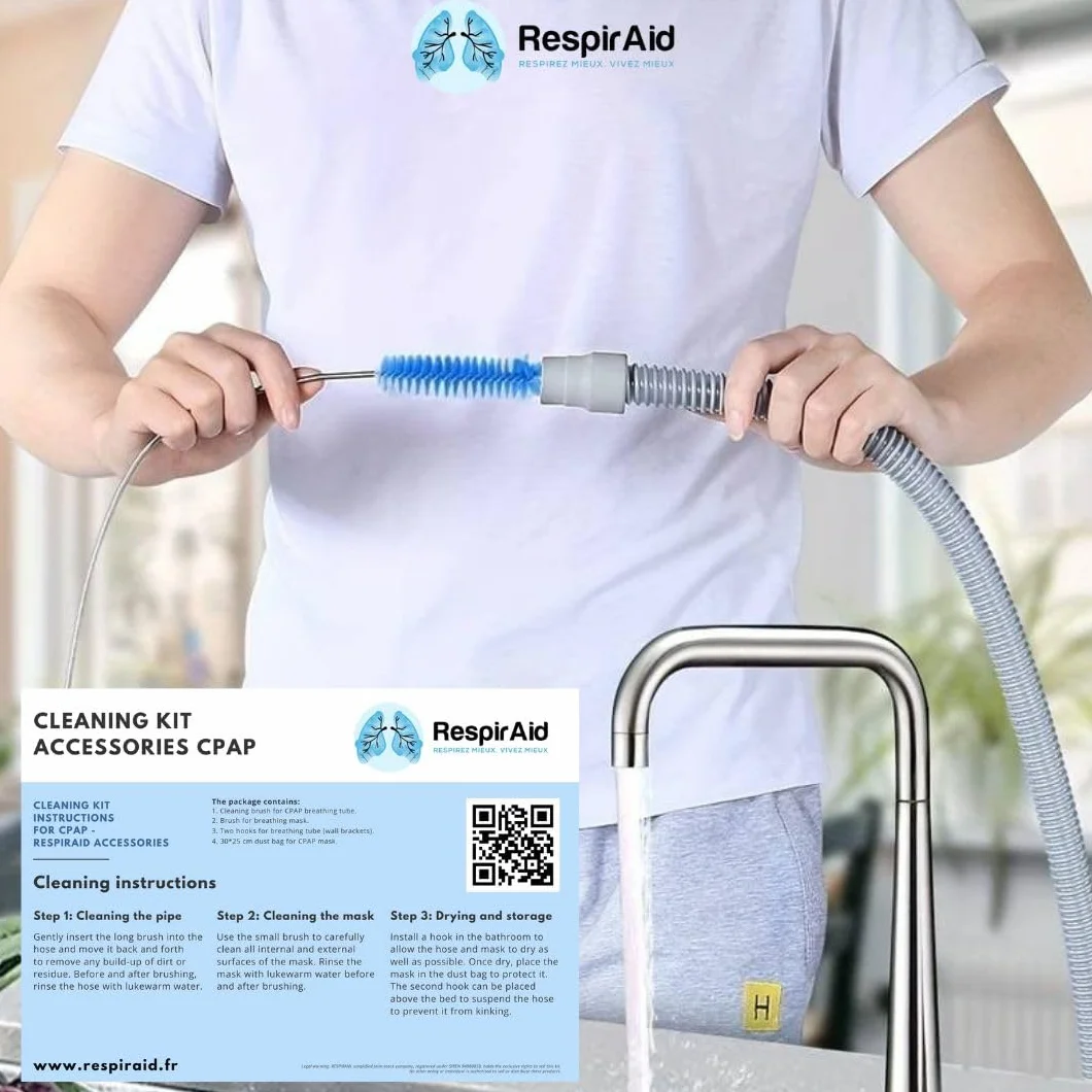 Zestaw czyszczący CPAP RespirAid: Szczotki do węży CPAP 15x19mm, torba ochronna na maskę CPAP, uchwyt i zestaw do maski bezdechu sennego. Kompatybilny ze wszystkimi maszynami CPAP i maskami CPAP