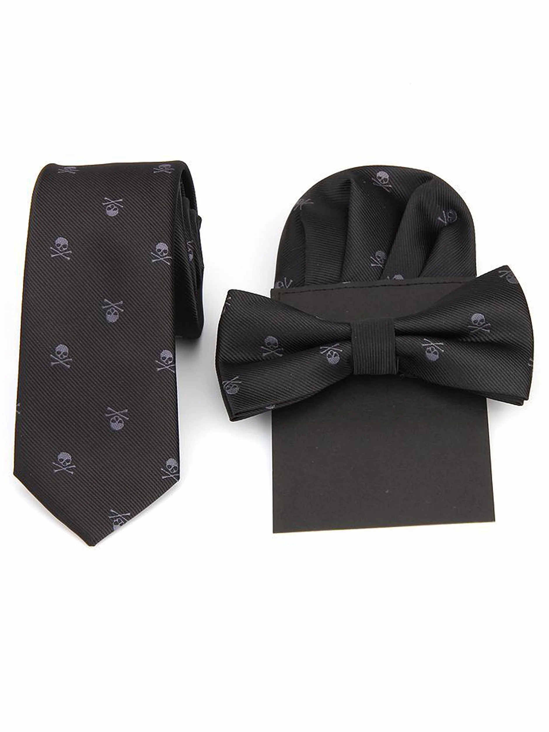 Wzór trupiej czaszki męski 6 cm krawat i wiązana muszka i chusteczka 3 w 1 zestaw Yuppie Trendmode Casual Cool, 3 w 1 - czarna i szara czaszka, jeden rozmiar