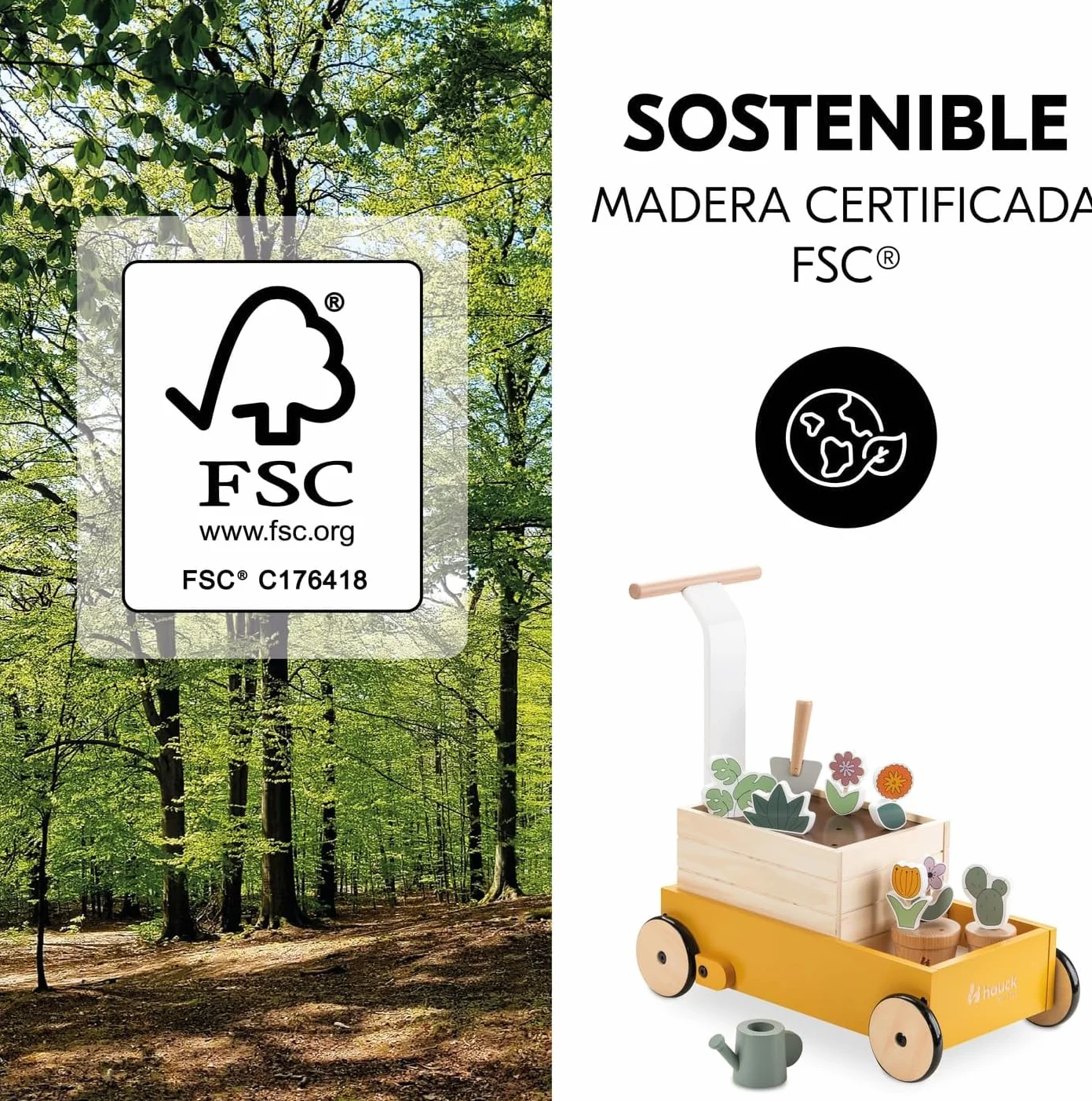 hauck Learn to Walk pomoc w nauce chodzenia z ogrodnikiem, wózek do nauki chodzenia z systemem hamowania od 12 miesięcy, wózek do nauki z drewna (certyfikat FSC®), zabawka edukacyjna do gry