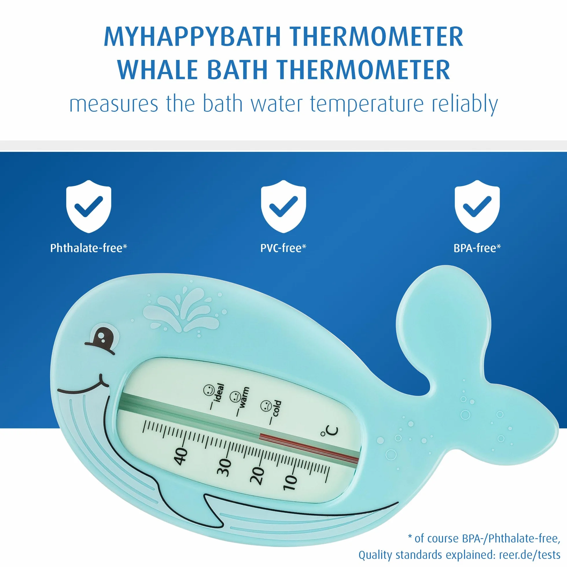 reer MyHappyBath termometr kąpielowy dla niemowląt z wielorybami | uroczy design wieloryba | bezpieczny dla dzieci termometr do kąpieli | optymalna temperatura kąpieli do wanny | nie zawiera rtęci |