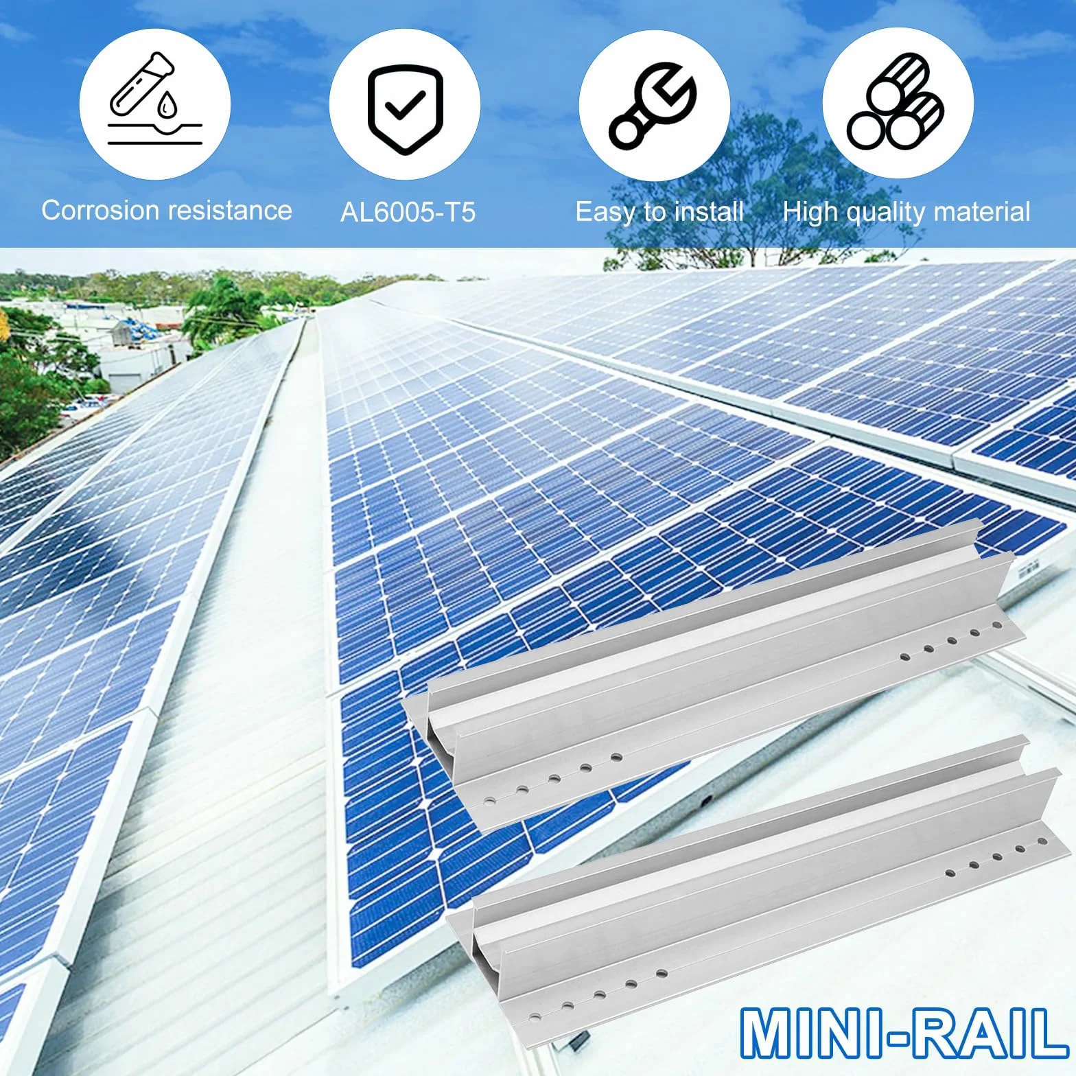 Zestaw 6 uchwytów do montażu modułu solarnego, 300 mm, moduł PV, wspornik szyn płaskiego dachu, 30-45 mm, regulowany zacisk końcowy, do profilu aluminiowego do mocowania fotowoltaicznego