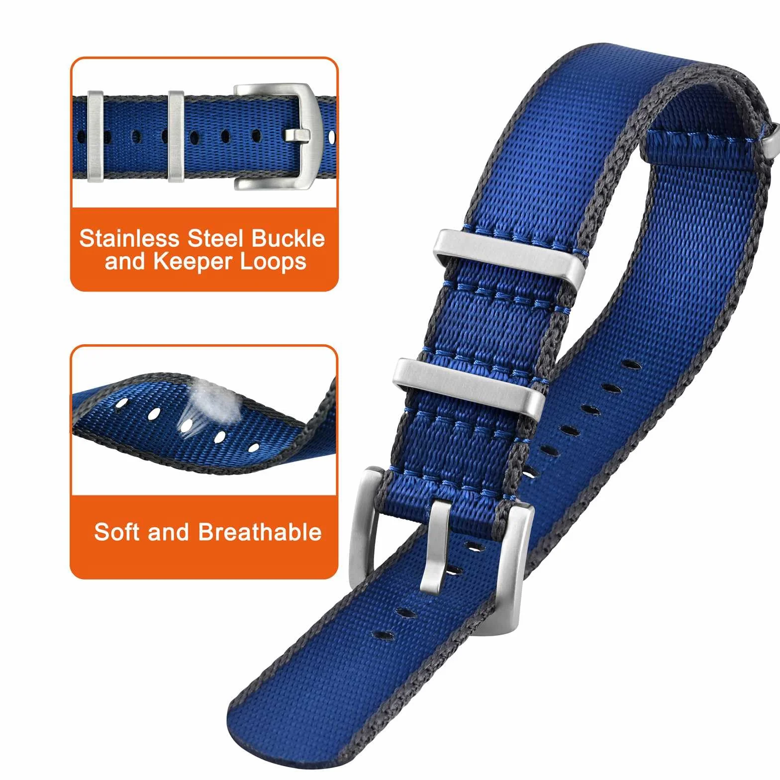 ANNEFIT Wojskowy nylonowy pasek do zegarka dla mężczyzn i kobiet, zapasowy pasek do zegarka 18 mm, 20 mm, 22 mm, ze srebrną czarną klamrą ze stali nierdzewnej