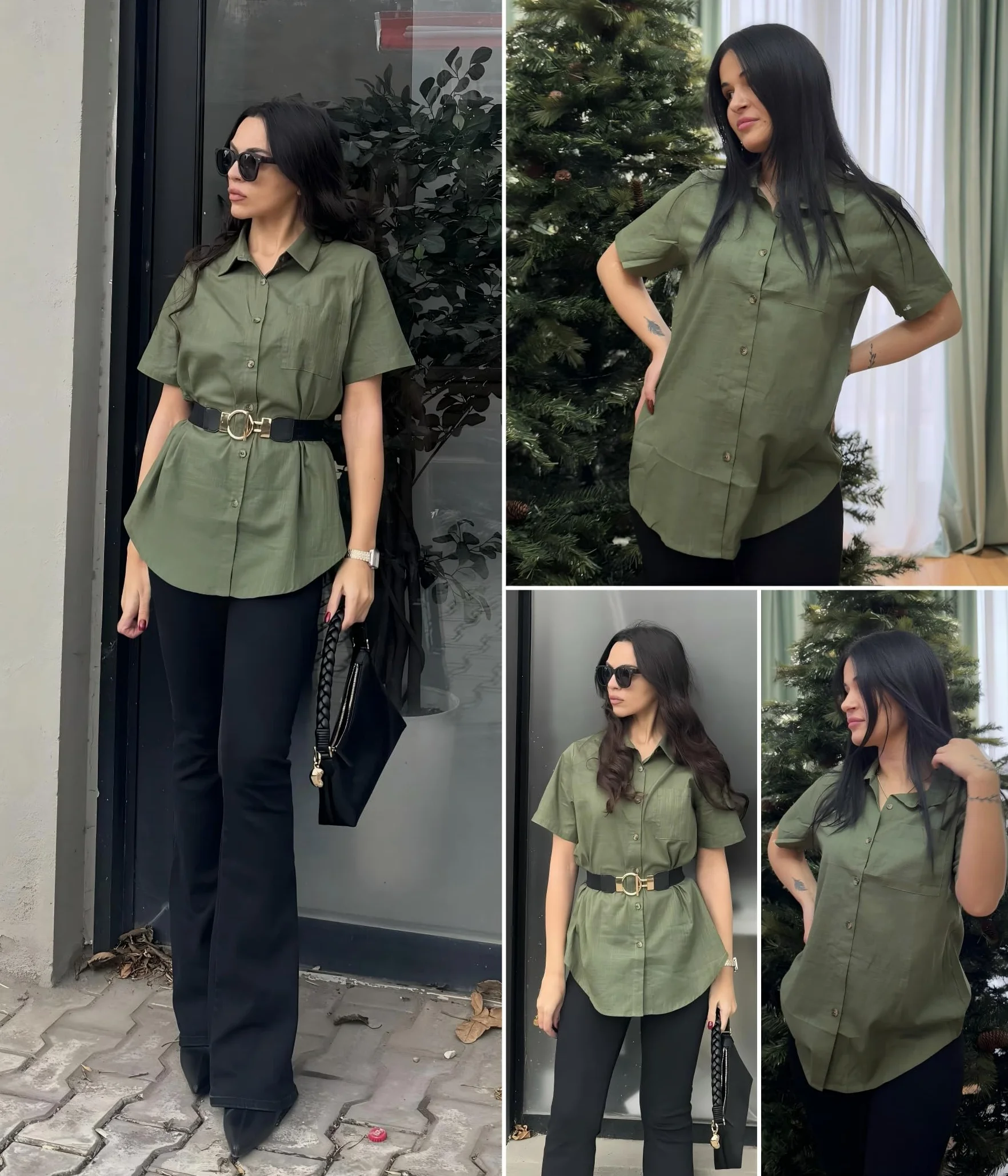 Zeagoo Bluzka damska, luźna, dekolt w serek, muślinowa, koszula letnia, z krótkim rękawem, 100% bawełna, top, solidna bluzka, elegancka koszula z kieszenią
