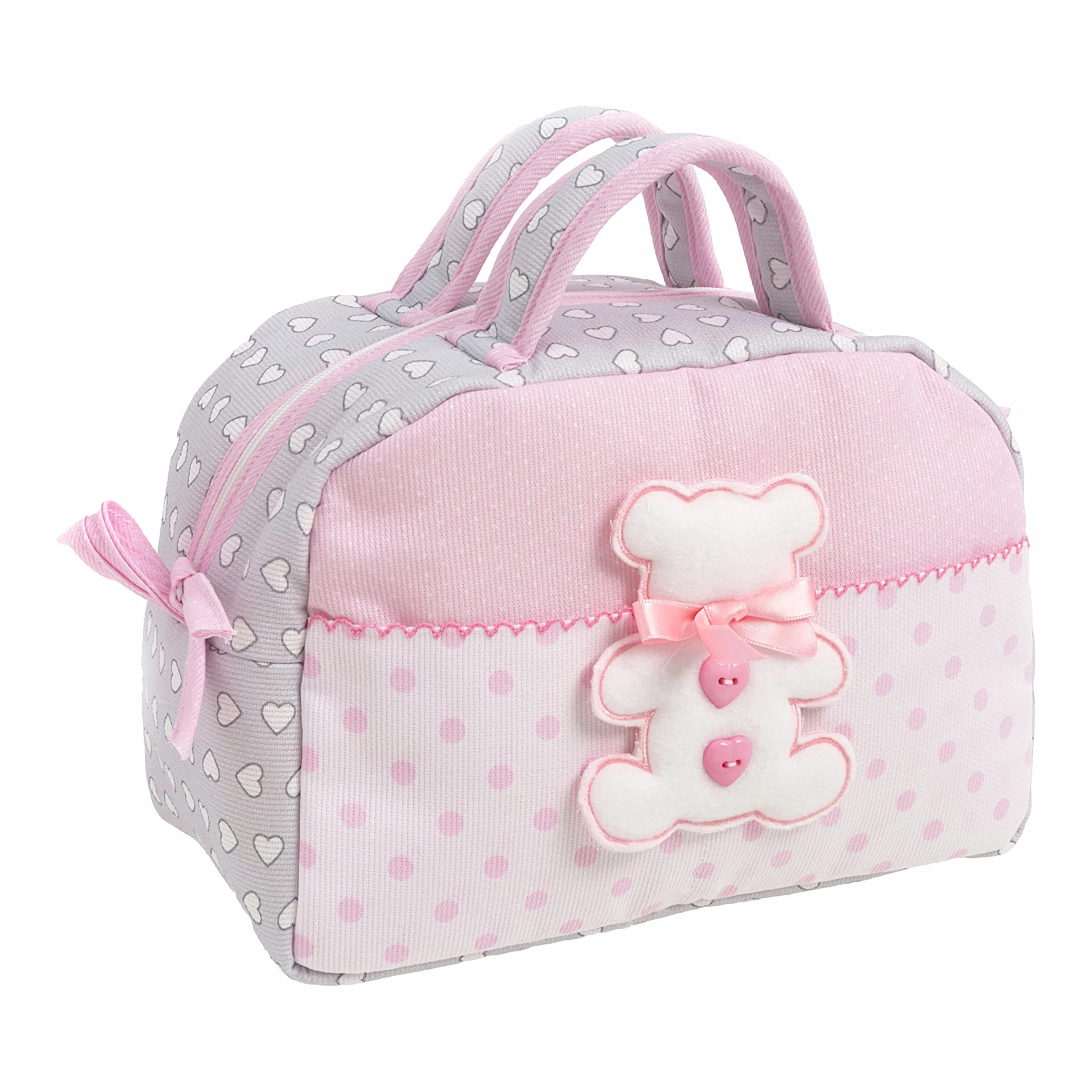 FILET - Beauty Case z uchwytami i zamkiem błyskawicznym, z haftem w kształcie misia, wykonany z bawełny wyściełanej, idealny do pielęgnacji, 100% Made in Italy, szary i różowy