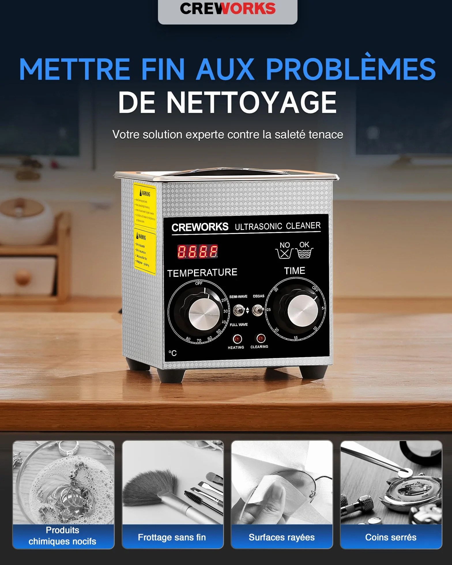 CREWORKS 1L 60 W myjka ultradźwiękowa tryb tacki ultradźwiękowej z ogrzewaniem odpowietrzającym 100 W timer 1-30 min komercyjna maszyna do czyszczenia ultradźwiękowego