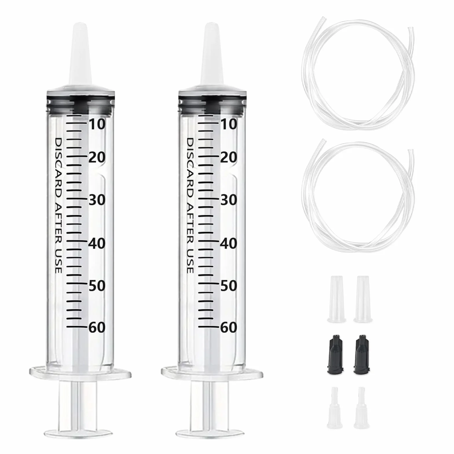 2 sztuki strzykawek 60 ml z wężykiem, 60 ml (50 ml) wielokrotnego użytku, strzykawka dozująca, pojedynczo pakowana, strzykawka bez igły do laboratoriów naukowych, nawadniania ogrodów, przemysłu
