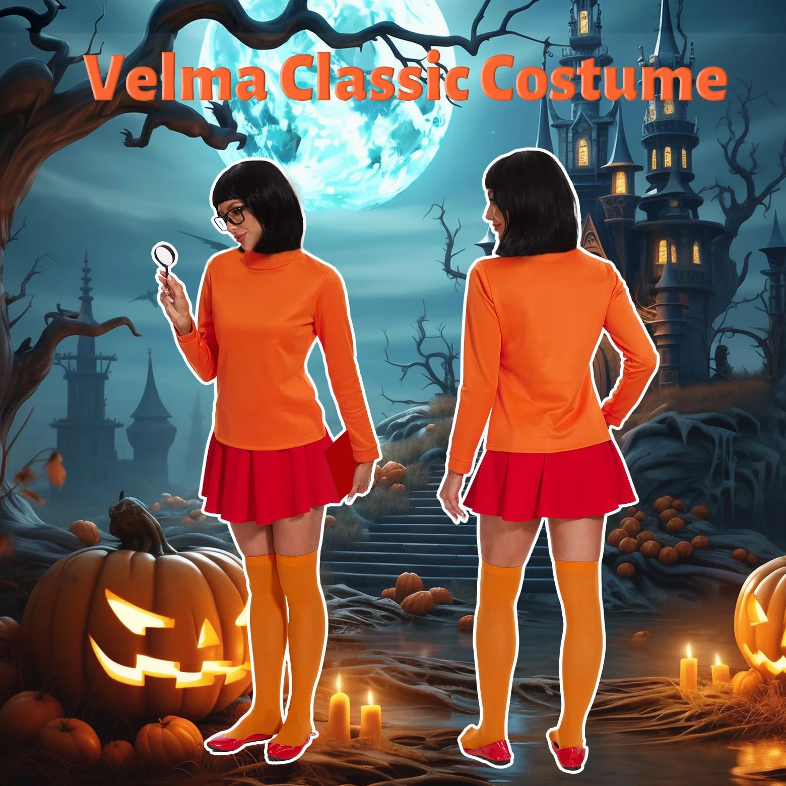 Velma kostium dla kobiet, pomarańczowy golf, spódnica skaterowa, skarpety, kostium Cosplay dla dorosłych, na imprezy, karnawał i Halloween