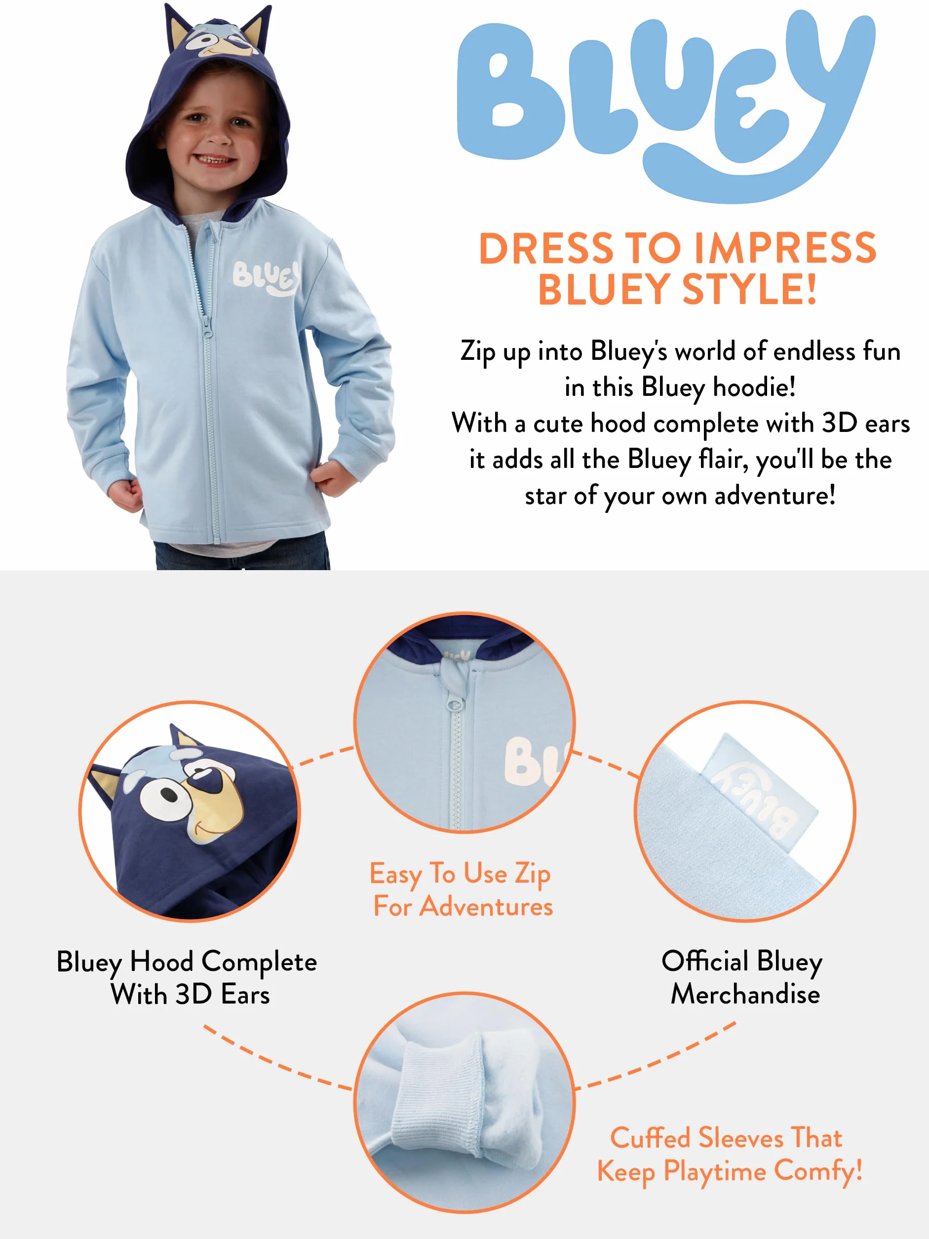 Bluey Niebieska Z Kapturem Z Uszami 3D | Bluza Z Kapturem | Kostiumowa Bluza Z Kapturem Dla Chłopców | Oficjalny Towar