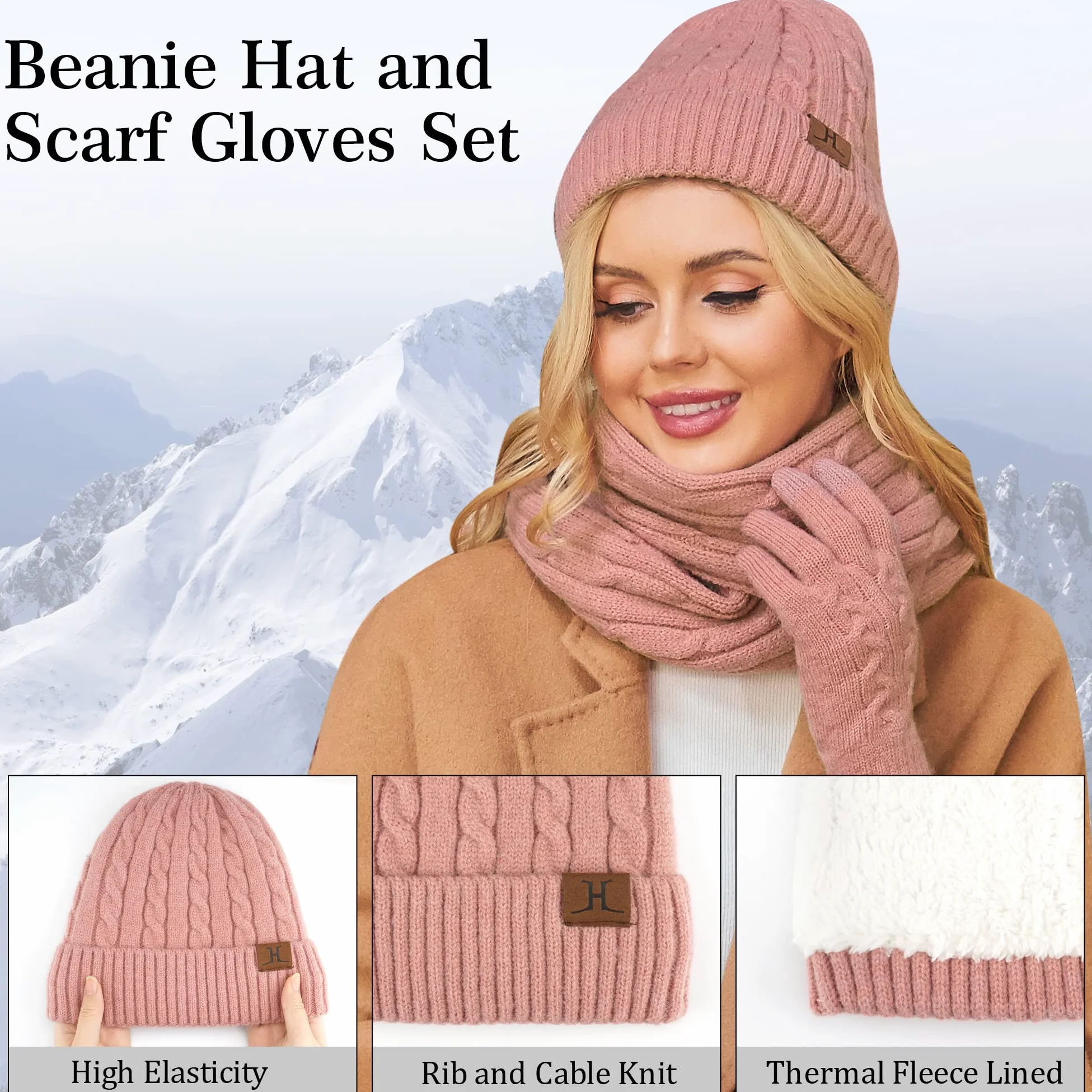 ZASFOU Zestaw zimowy - damska czapka, szalik, rękawiczki do ekranu dotykowego, termiczna, dzianinowa czapka beanie, szalik zimowy, rękawiczki zimowe, prezent dla kobiet, Rosa, jeden rozmiar