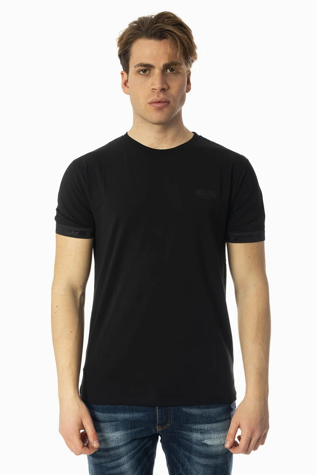 Moschino T-Shirt Mężczyźni Czarny T-Shirt Casual z logo z rękawem i klatki piersiowej