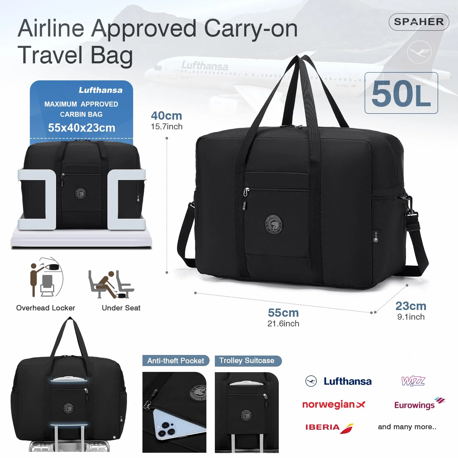 SPAHER 2X Torba Podróżna 55x40x23 Lufthansa Wizzair Eurowings Duża Torba na Bagaż Podręczny Składana Sportowa Weekendowa Fitness dla Mężczyzn i Kobiet z Torba na Przybory Toaletowe