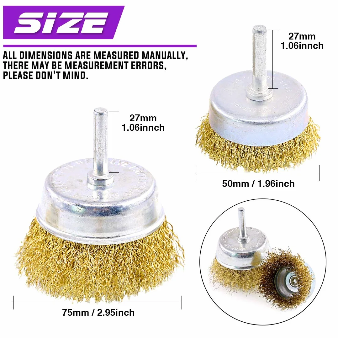 Swpeet 6 szt. mosiężna szczotka druciana z drucianą szczotką z trzonkiem 1/4", 6 rozmiarów zestaw szczotek z drutu powlekanego proszkowo, idealny do usuwania rdzy/korozji/farby - zmniejszenie pękania drutu i dłuższej żywotności