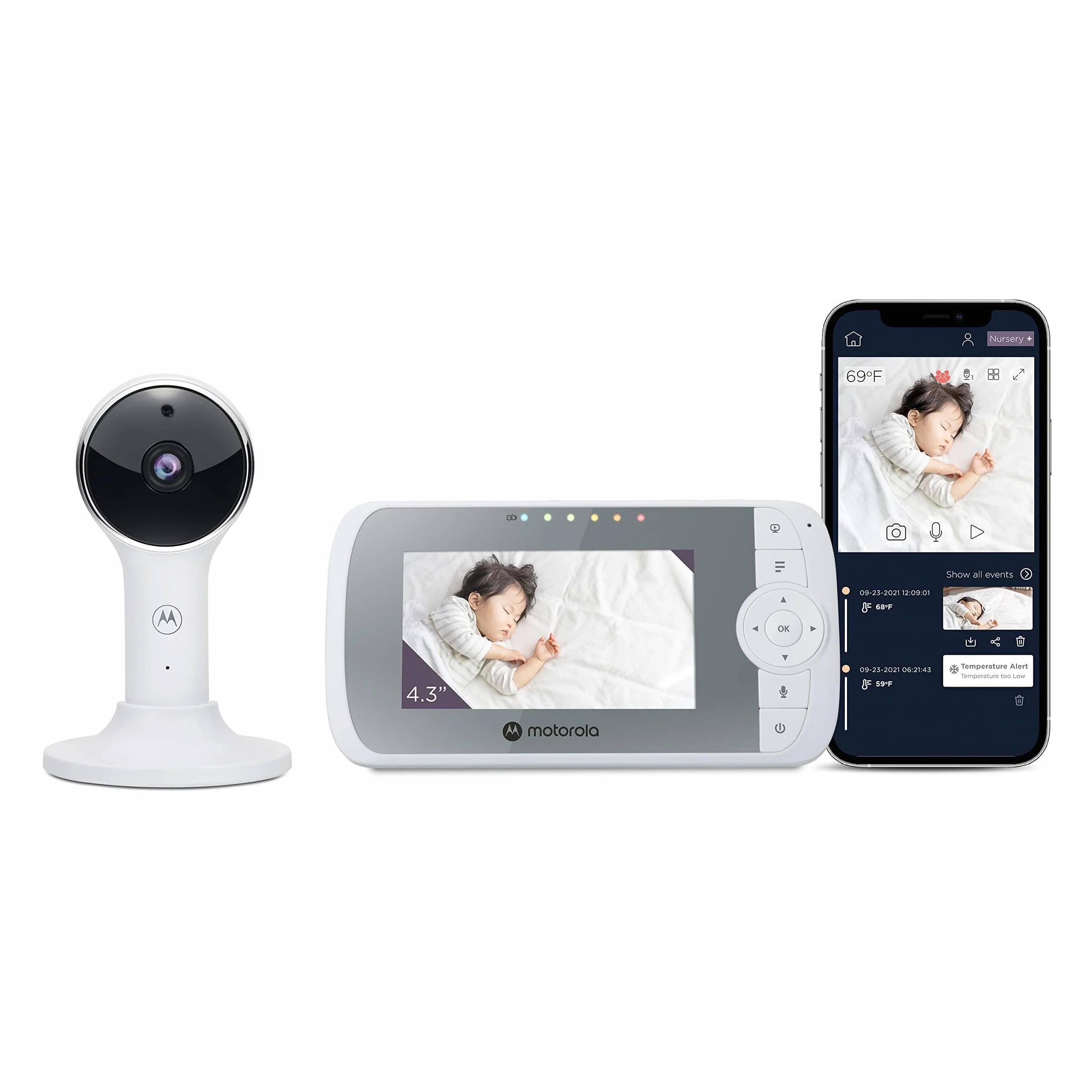 Motorola Nursery Elektroniczna niania VM64 – 4,3" WiFi Video Monitor dla niemowląt z kamerą – aplikacja na smartfon, uchwyt magnetyczny, duży zasięg, 2-drożne audio, zoom cyfrowy, temperatura